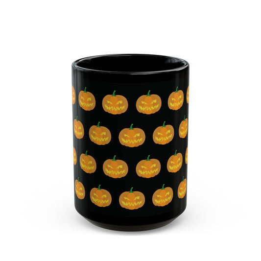 Halloween Pumpkin 15 oz. Black Mug, Spooky Coffee Cup, Pumpkin Design Mug, Fall Decor, Trick or Treat Gift, Autumn Vibes Mugs