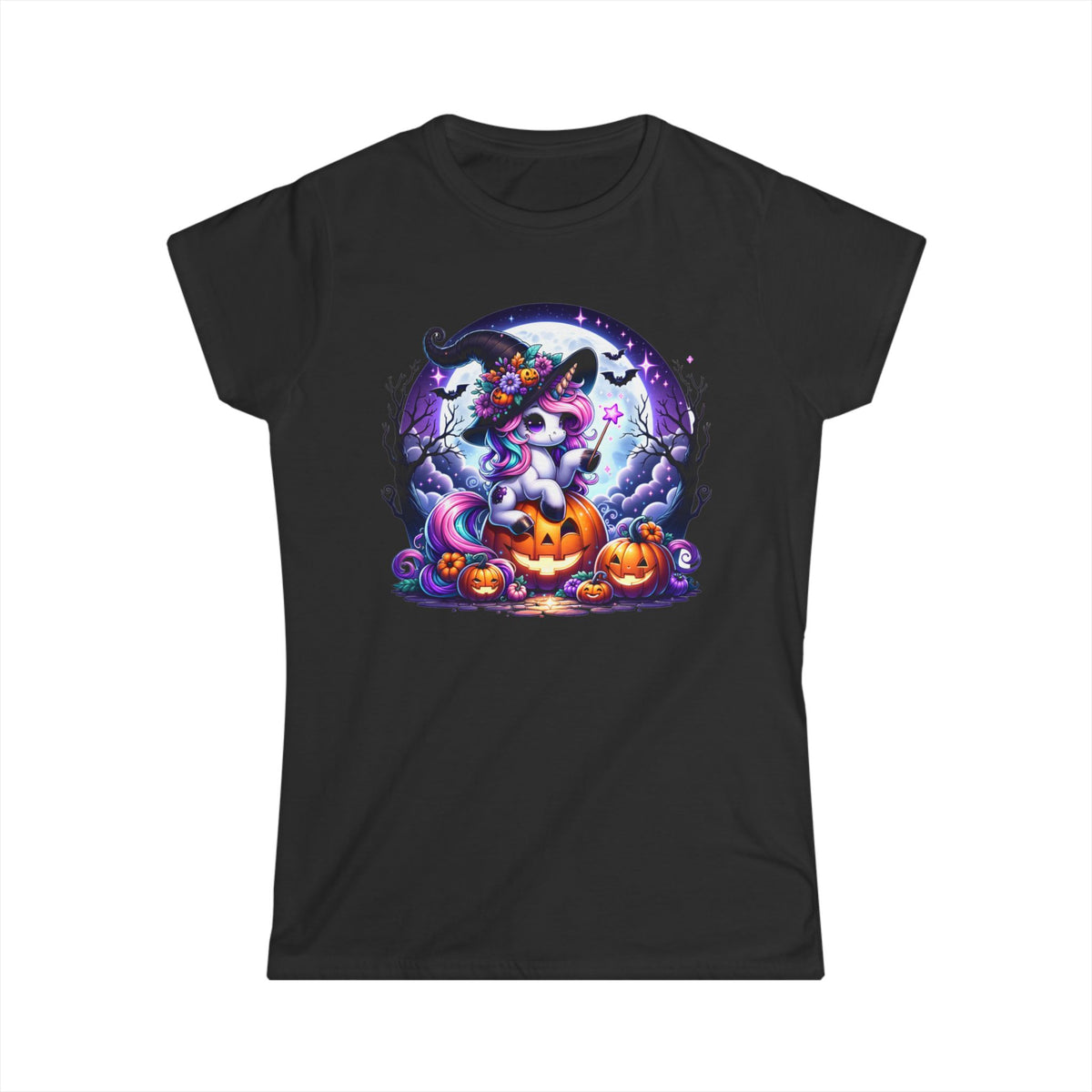 Black womens t-shirt with a round Halloween graphic showing a unicorn wearing a witch hat and holding a wand sitting on a Jack-o-lantern. Brilliantmischief.shop