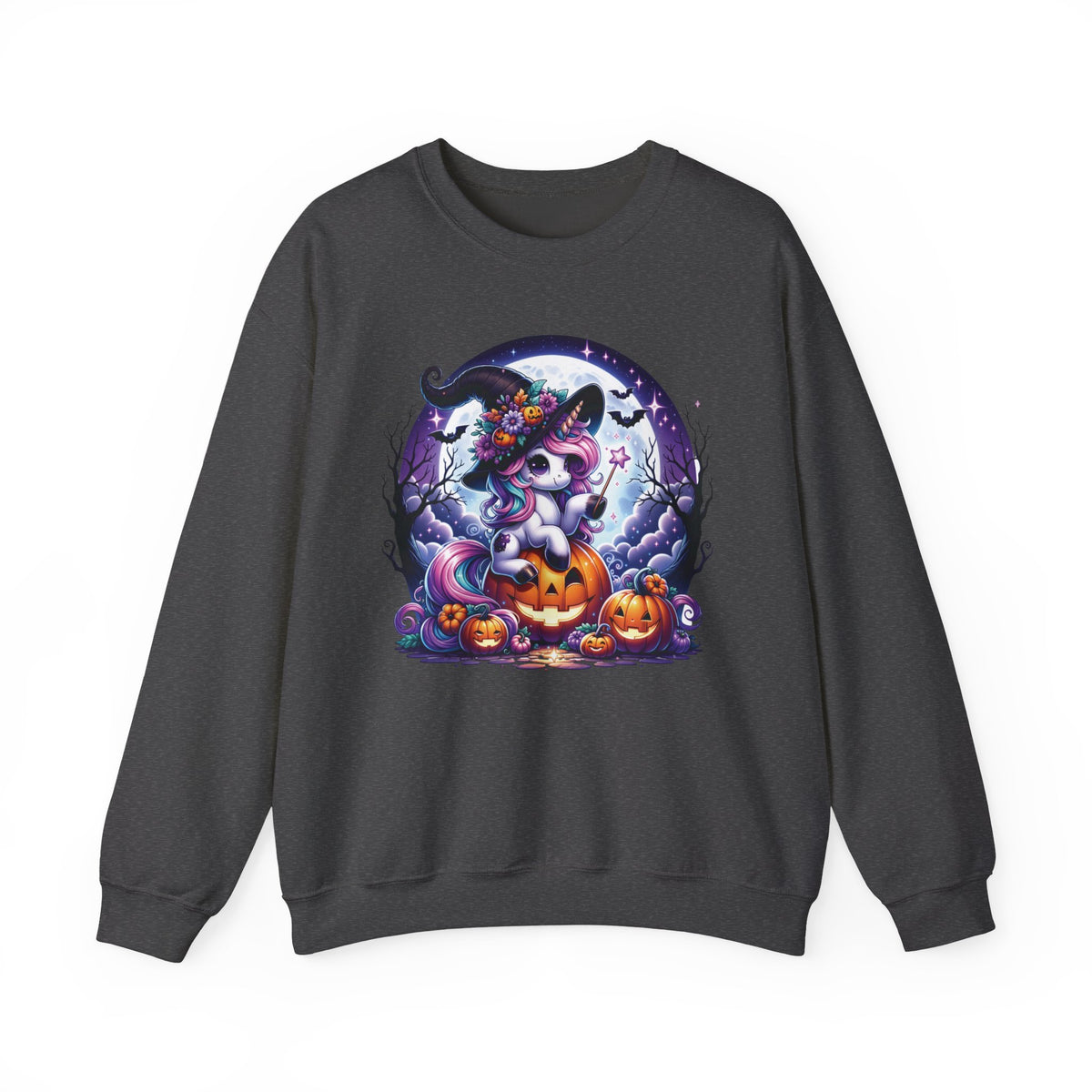 Dark gray womens sweat shirt with a round Halloween graphic showing a unicorn wearing a witch hat and holding a wand sitting on a Jack-o-lantern. Brilliantmischief.shop