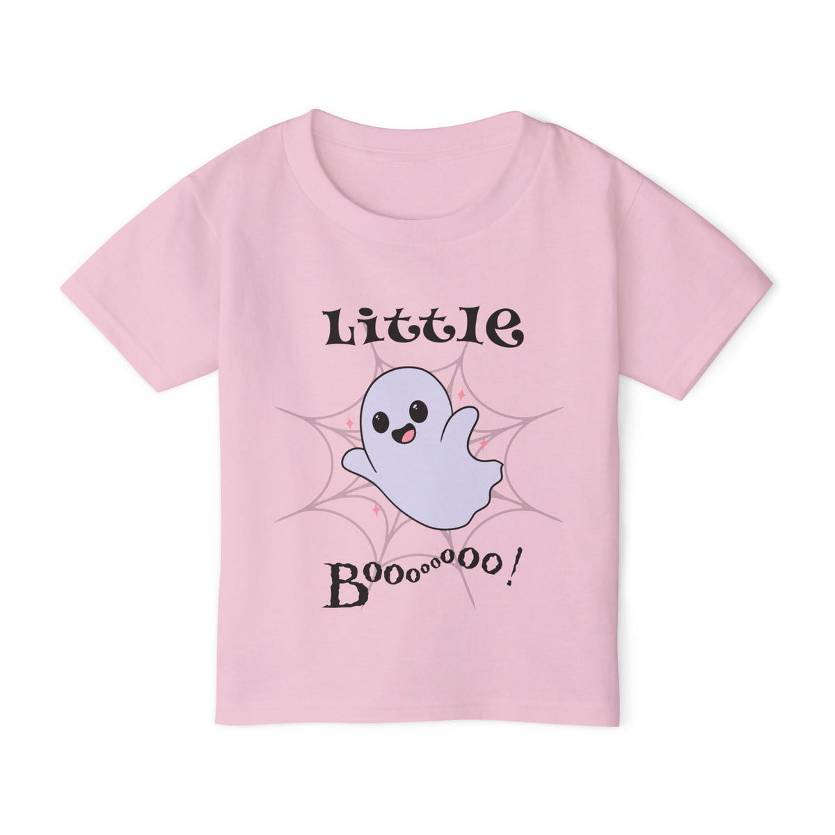 A light pink short-sleeve kids' t-shirt with a cute cartoon ghost graphic on the front. The graphic features the text 'Little Booooooo!' in a spooky black font, surrounding a small lavender ghost with a spiderweb pattern in the background. Brilliantmischief.shop
