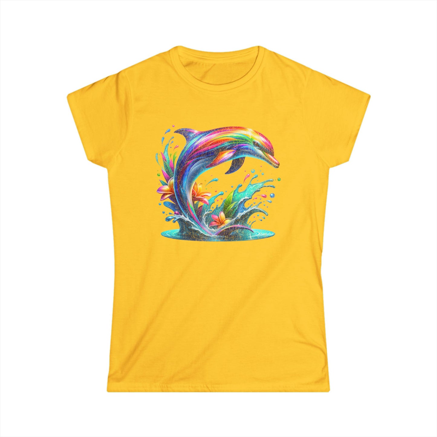 Colorful Dolphin Women's Softstyle Tee, Beachwear, Gift for Sea Lovers, Summer Vibes, Ocean-Themed Fashion