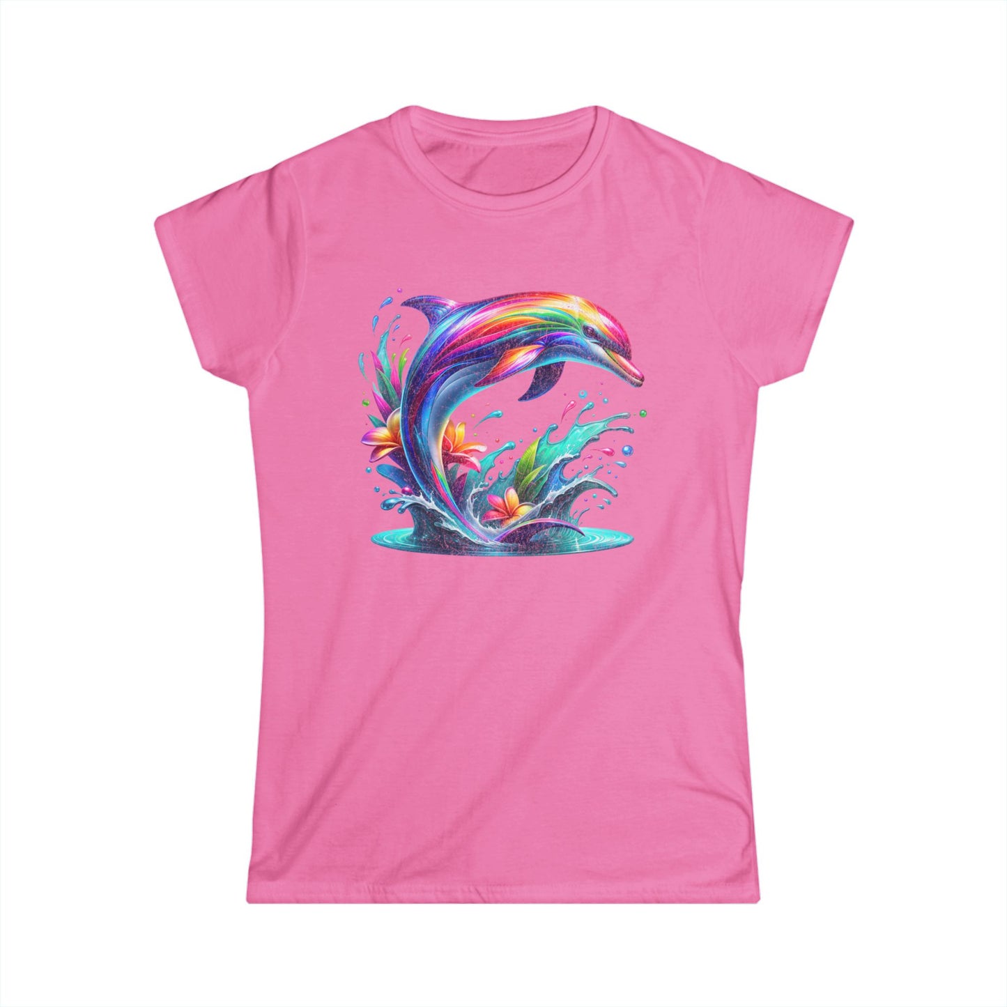 Colorful Dolphin Women's Softstyle Tee, Beachwear, Gift for Sea Lovers, Summer Vibes, Ocean-Themed Fashion