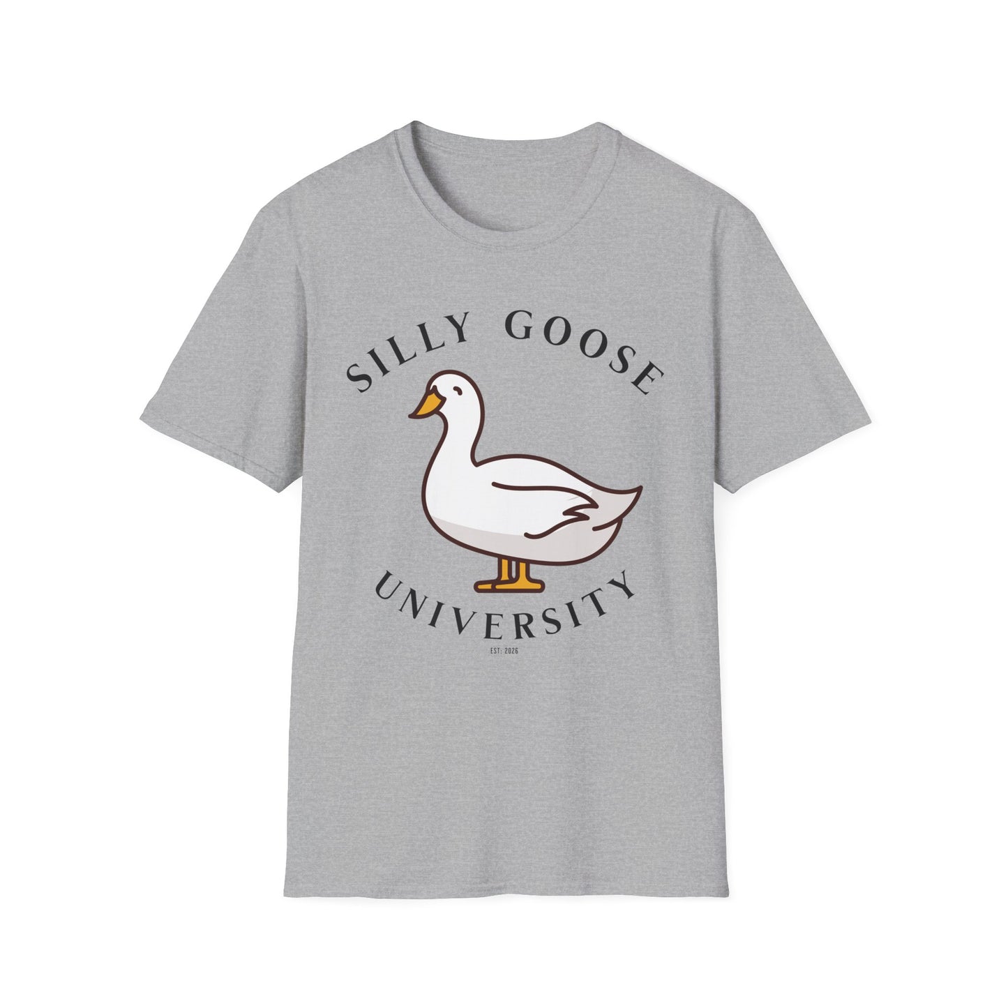 Gray t-shirt with a goose graphic and 'Silly Goose University' in black text . Brilliantmichief.shop