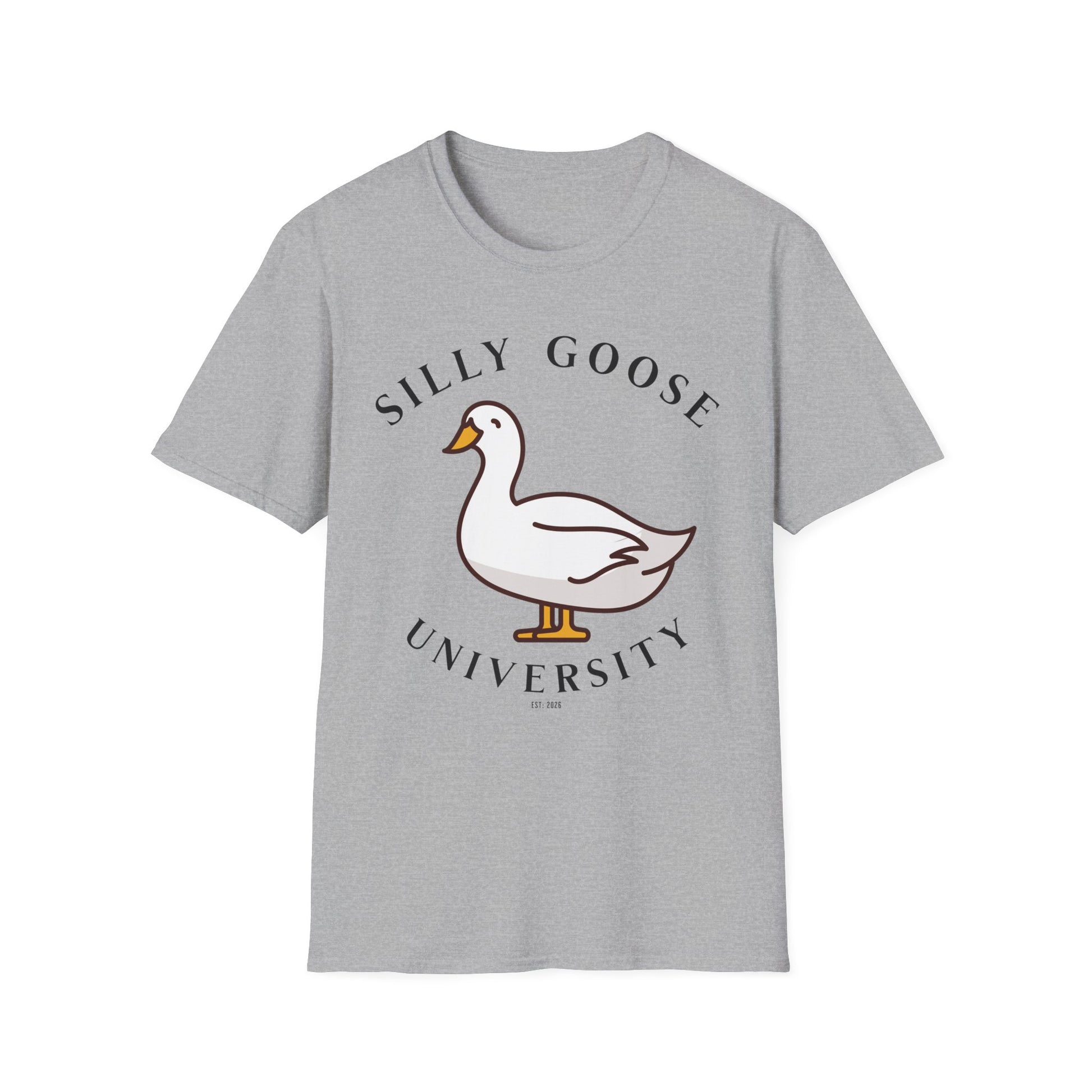 Gray t-shirt with a goose graphic and 'Silly Goose University' in black text . Brilliantmichief.shop