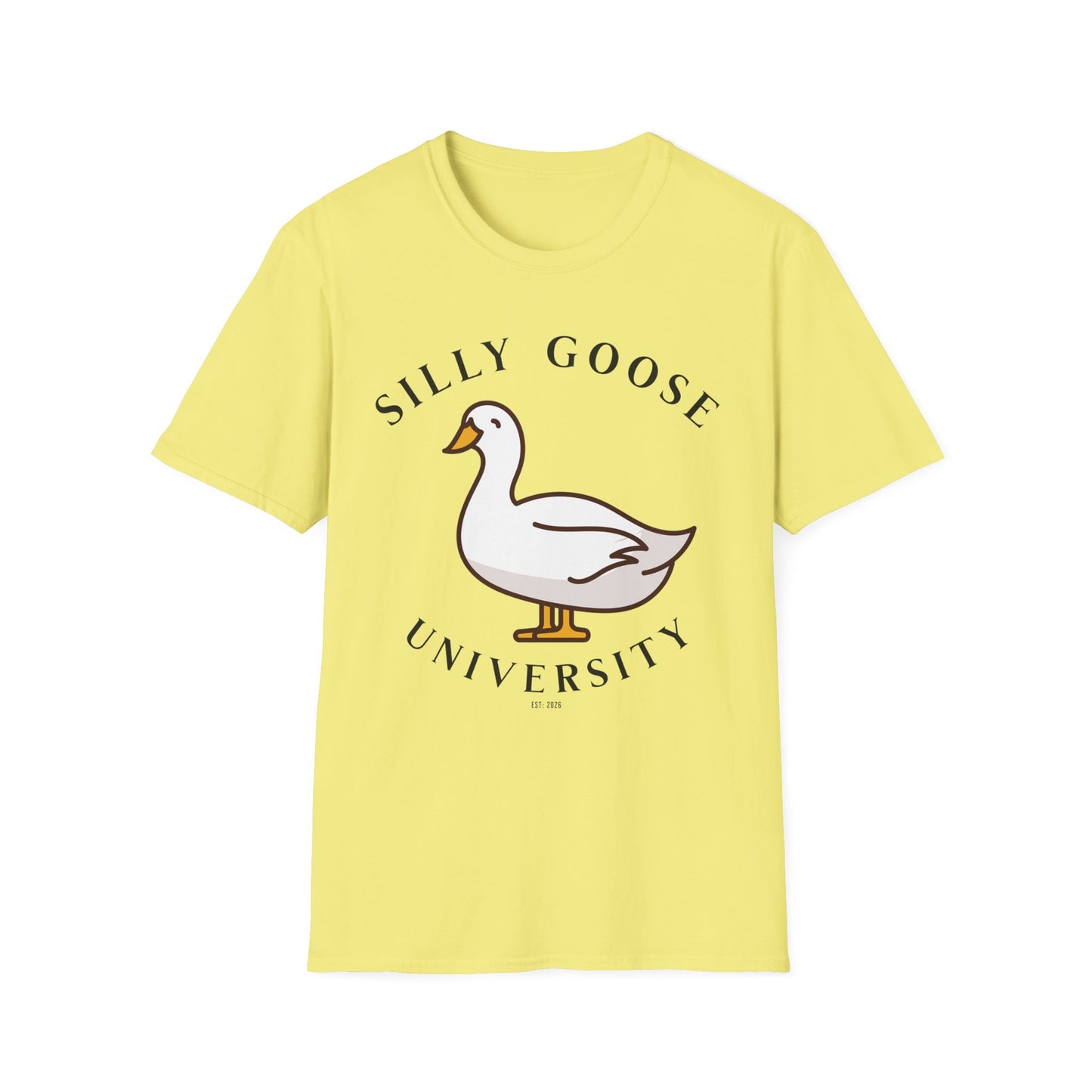 Yellow t-shirt with a goose graphic and 'Silly Goose University' in black text . Brilliantmichief.shop