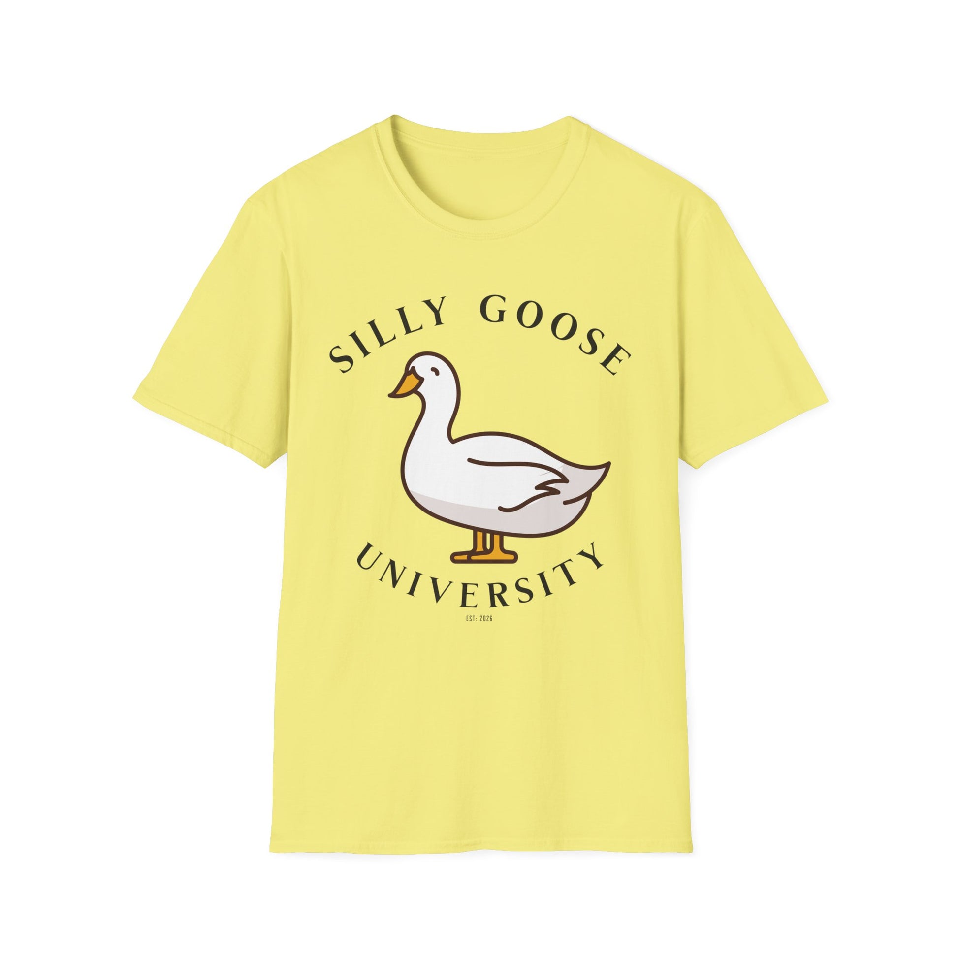 Yellow t-shirt with a goose graphic and 'Silly Goose University' in black text . Brilliantmichief.shop
