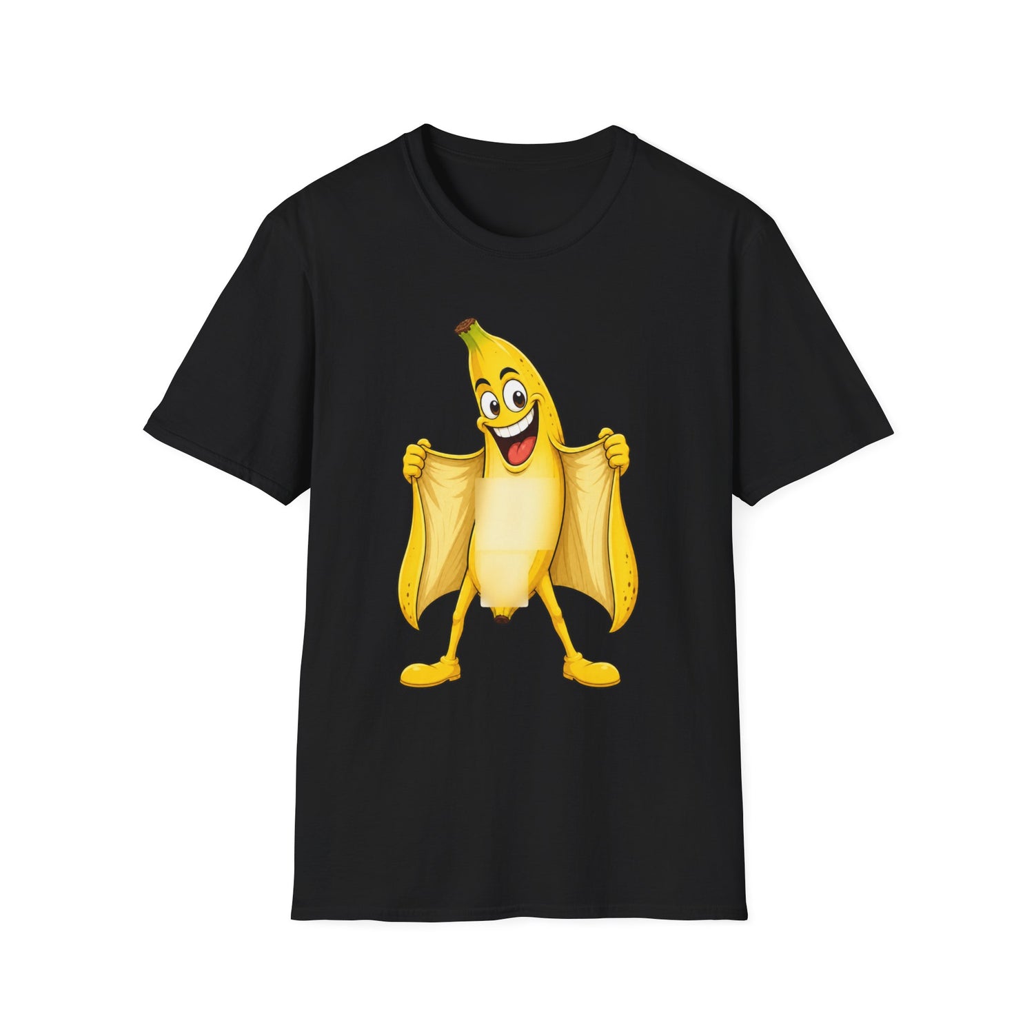 Black T-shirt with banana graphic with a huge smile flashing everyone with the exposed part covered with blurry blocks. Brilliantmischief.shop