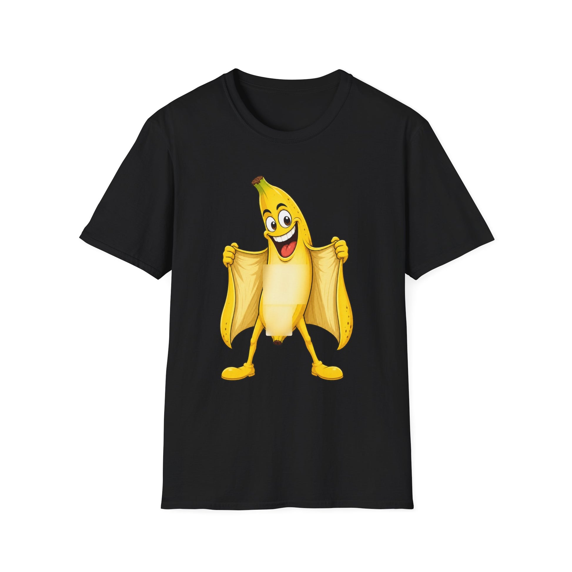 Black T-shirt with banana graphic with a huge smile flashing everyone with the exposed part covered with blurry blocks. Brilliantmischief.shop