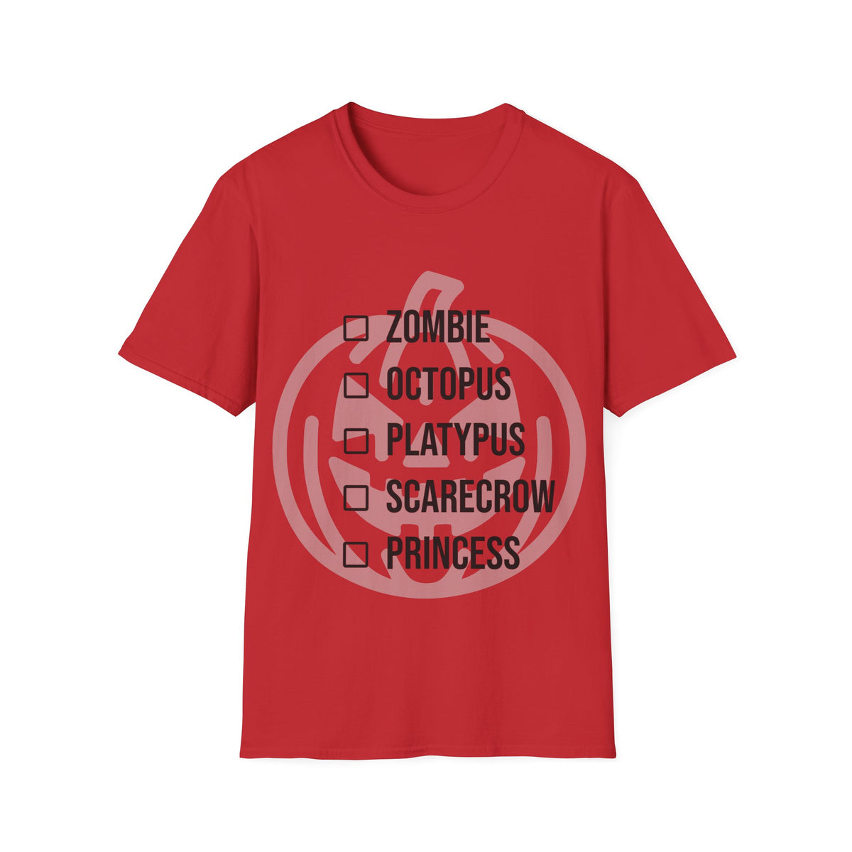 Red t-shirt with a light jack-o-lantern graphic behind a checklist of the following costumes ('ZOMBIE', 'OCTOPUS', 'PLATYPUS', 'SCARECROW', 'PRINCESS') next to empty checkbox icons. Brilliantmischief.shop