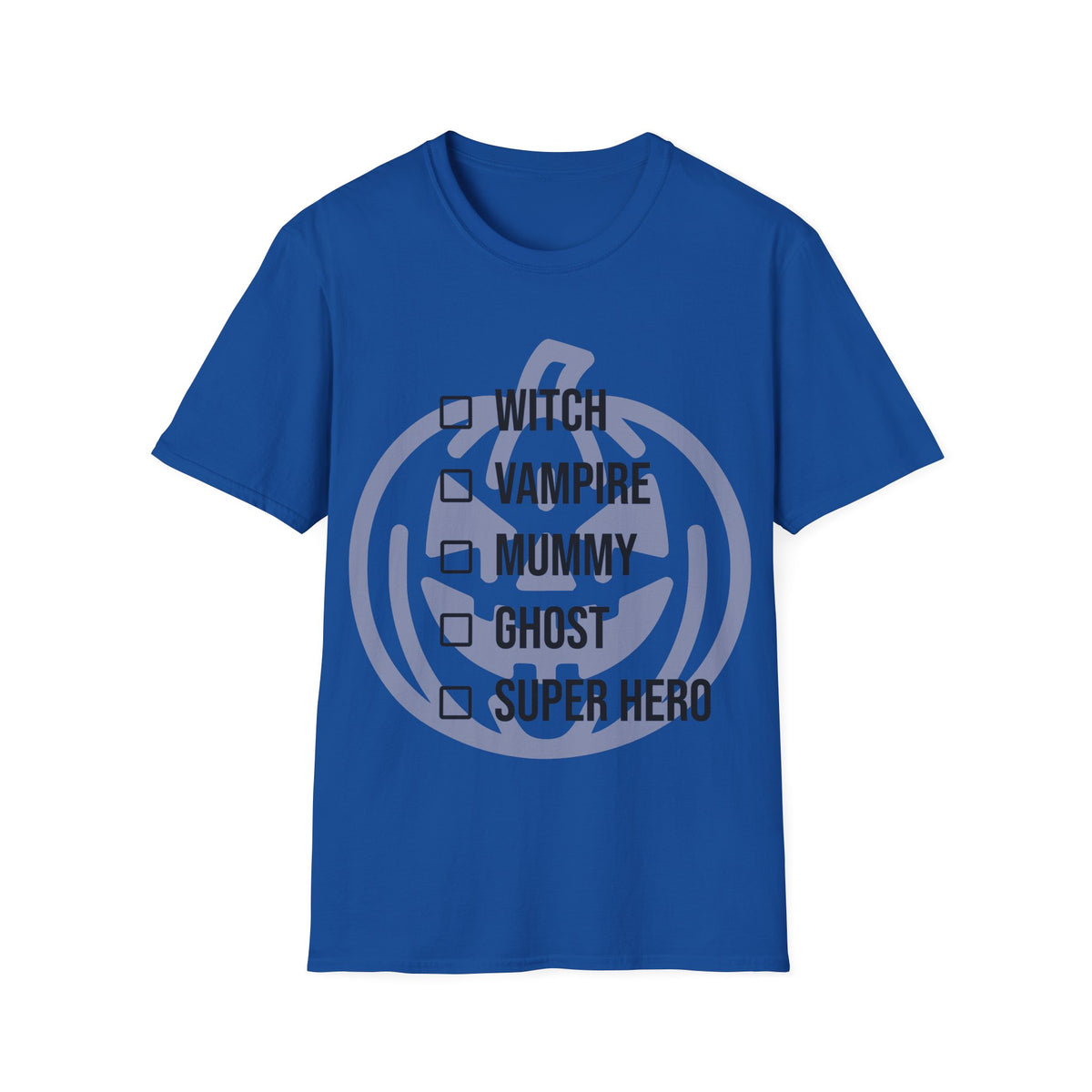 Royal blue t-shirt with a light jack-o-lantern graphic behind a checklist of the following costumes ('WITCH', 'VAMPIRE', 'MUMMY', 'GHOST', 'SUPER HERO') next to empty checkbox icons. Brilliantmischief.shop