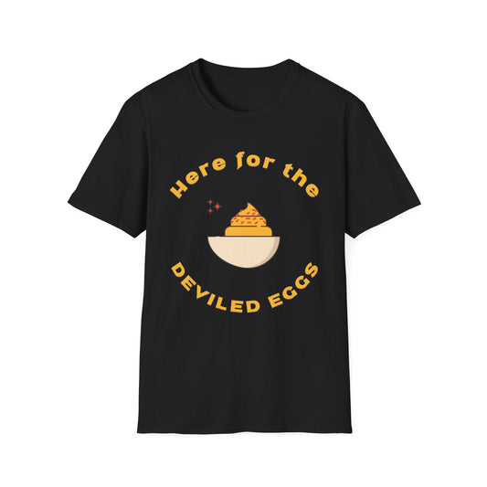 Black t-shirt with yellow graphic and text 'Here for the Deviled Eggs' BrilliantMischief.com