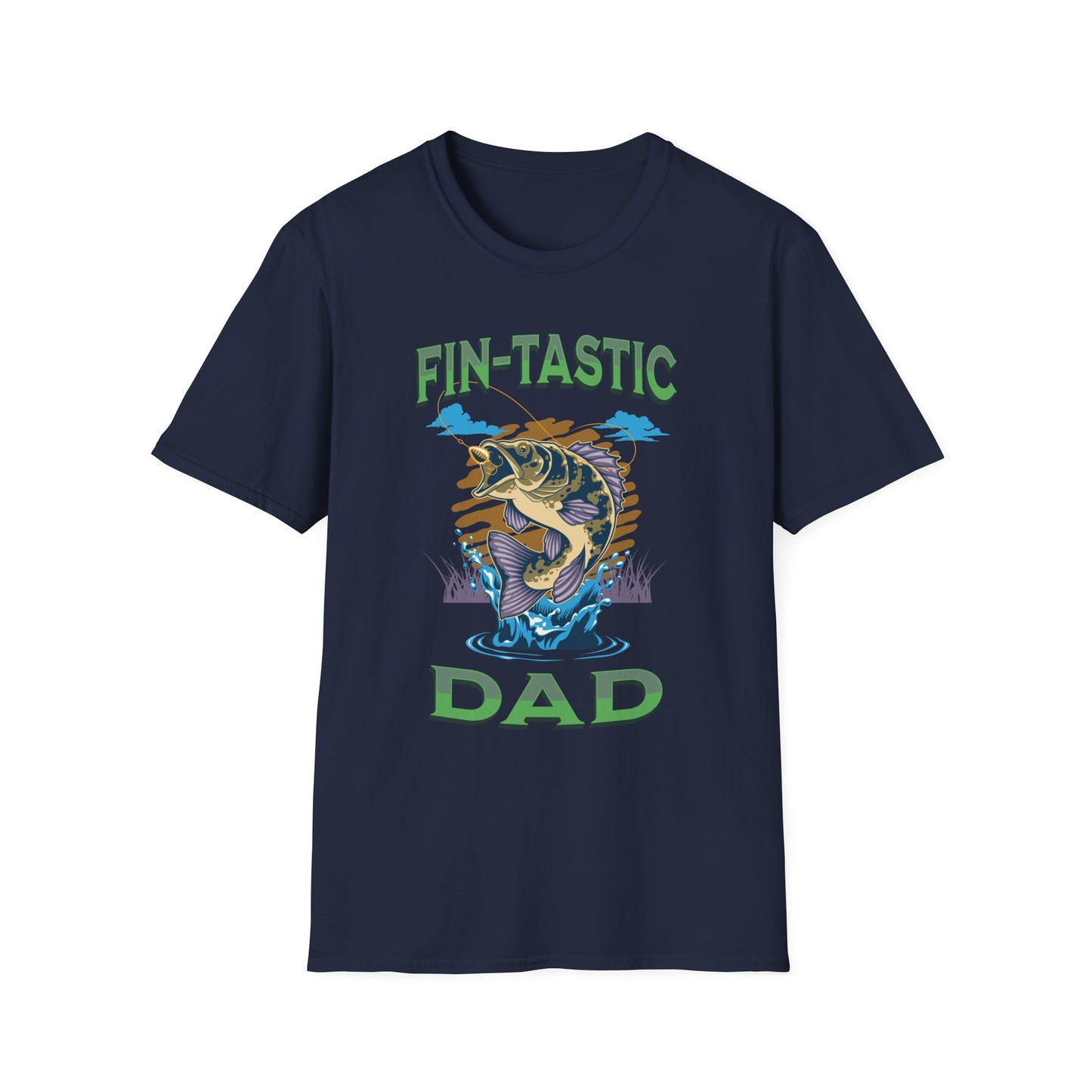 Navy T-shirt with a fish graphic with green text 'Fin-tastic DAD' BrilliantMischief.shop