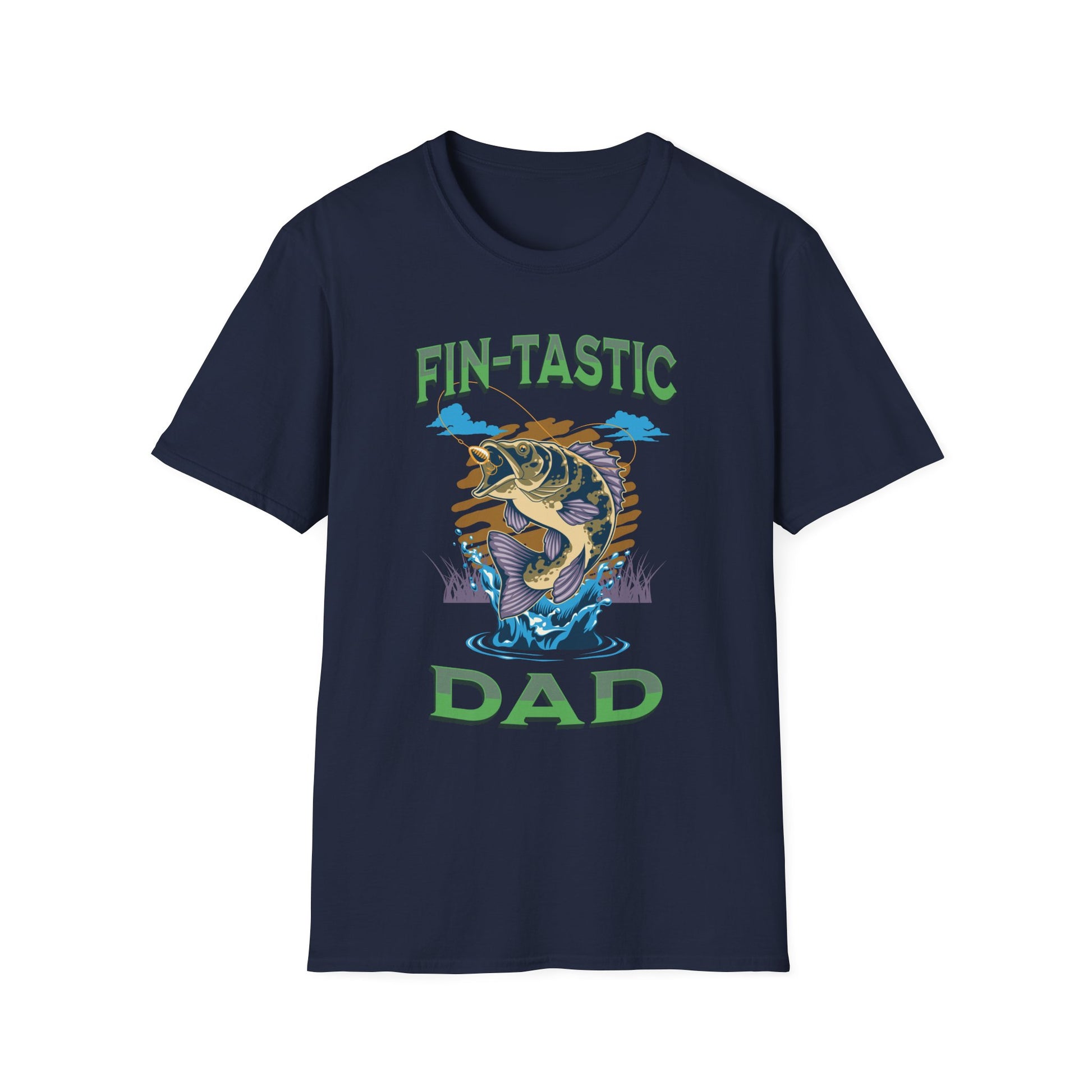Navy T-shirt with a fish graphic with green text 'Fin-tastic DAD' BrilliantMischief.shop