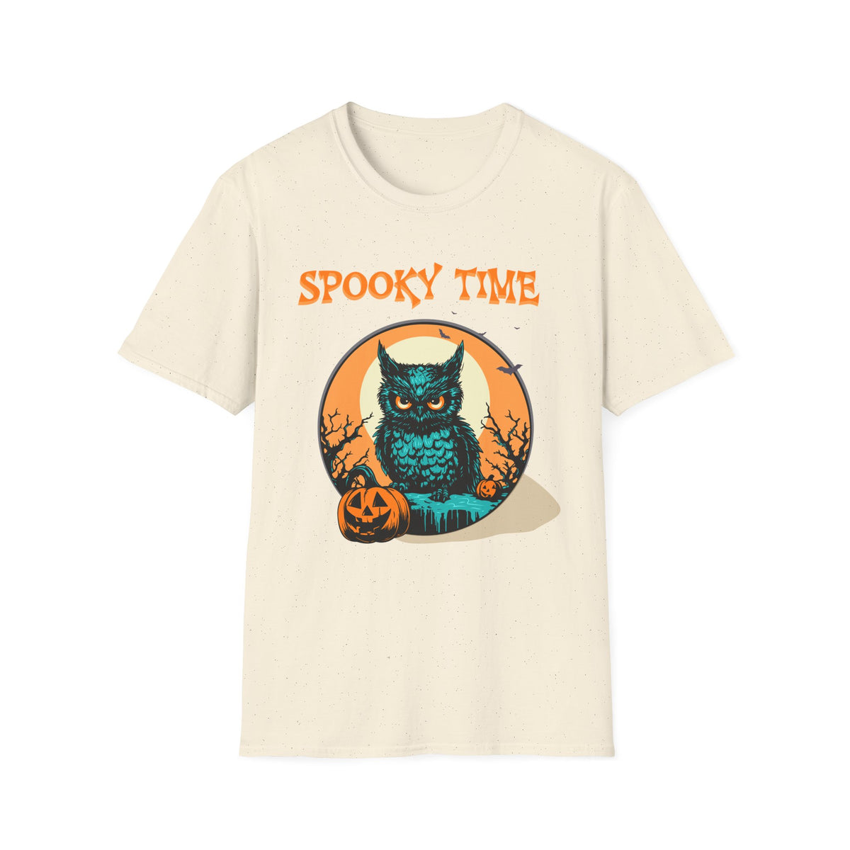 Off white t-shirt with a sinister owl in front of a full moon background. Orange halloween font saying Spooky Time. Brilliantmischief.shop