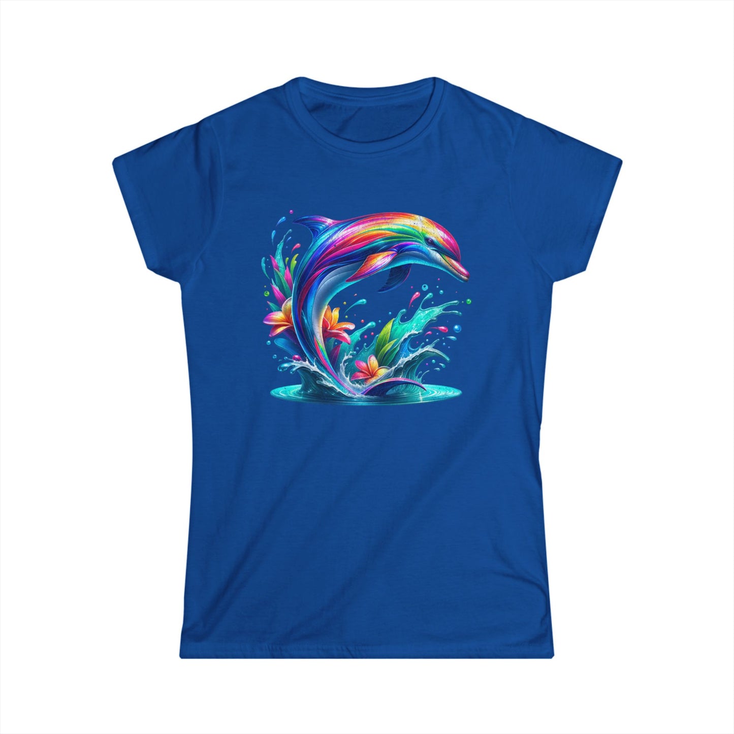 Colorful Dolphin Women's Softstyle Tee, Beachwear, Gift for Sea Lovers, Summer Vibes, Ocean-Themed Fashion