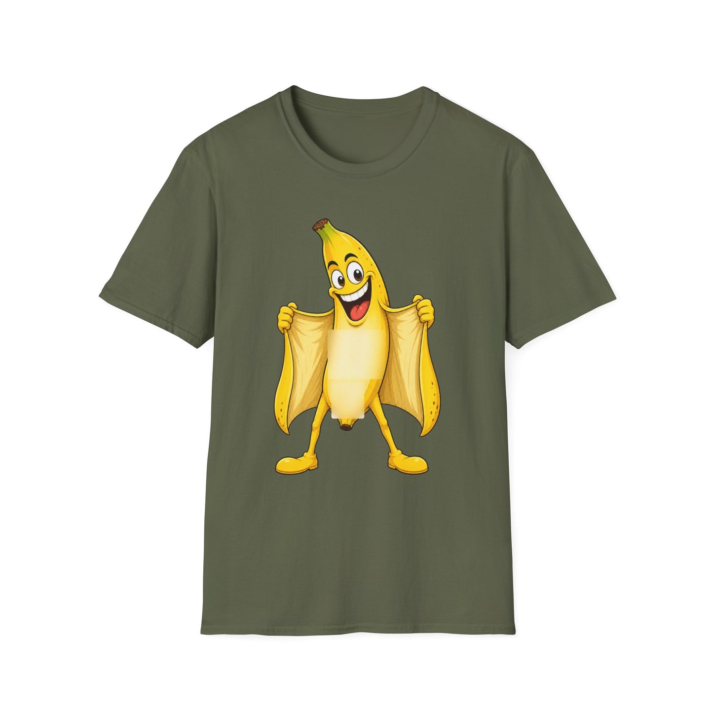 Olive green T-shirt with banana graphic with a huge smile flashing everyone with the exposed part covered with blurry blocks. Brilliantmischief.shop