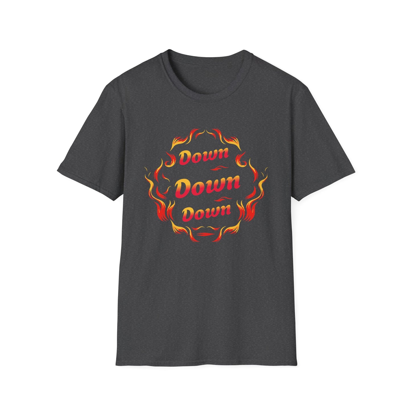 Down Flames Unisex Softstyle T-Shirt - Bold 'Down' Flame Design