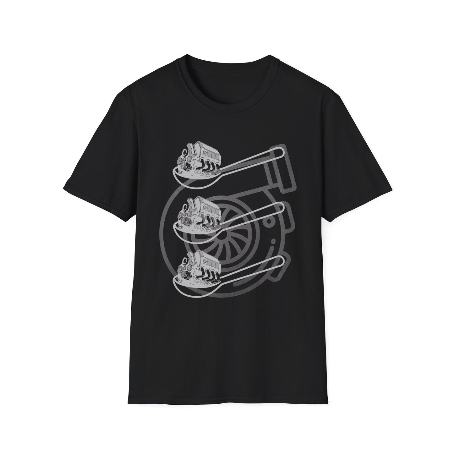 Black t-shirt with white graphic design of three spoons each holding a car engine. Brilliantmischief.shop