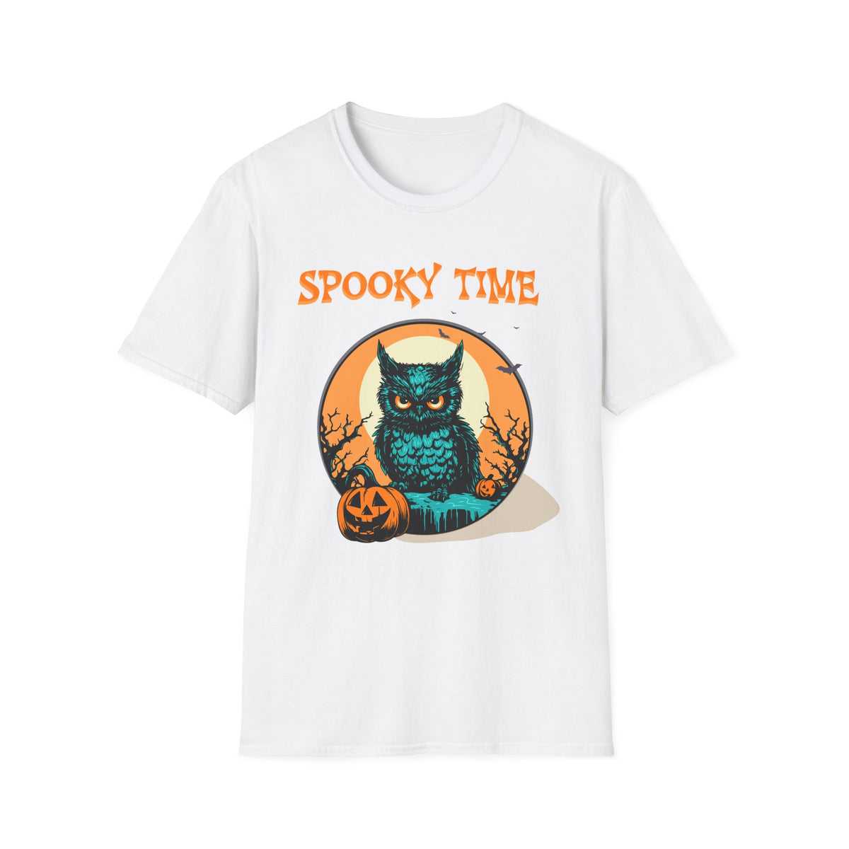 White t-shirt with a sinister owl in front of a full moon background. Orange halloween font saying Spooky Time. Brilliantmischief.shop