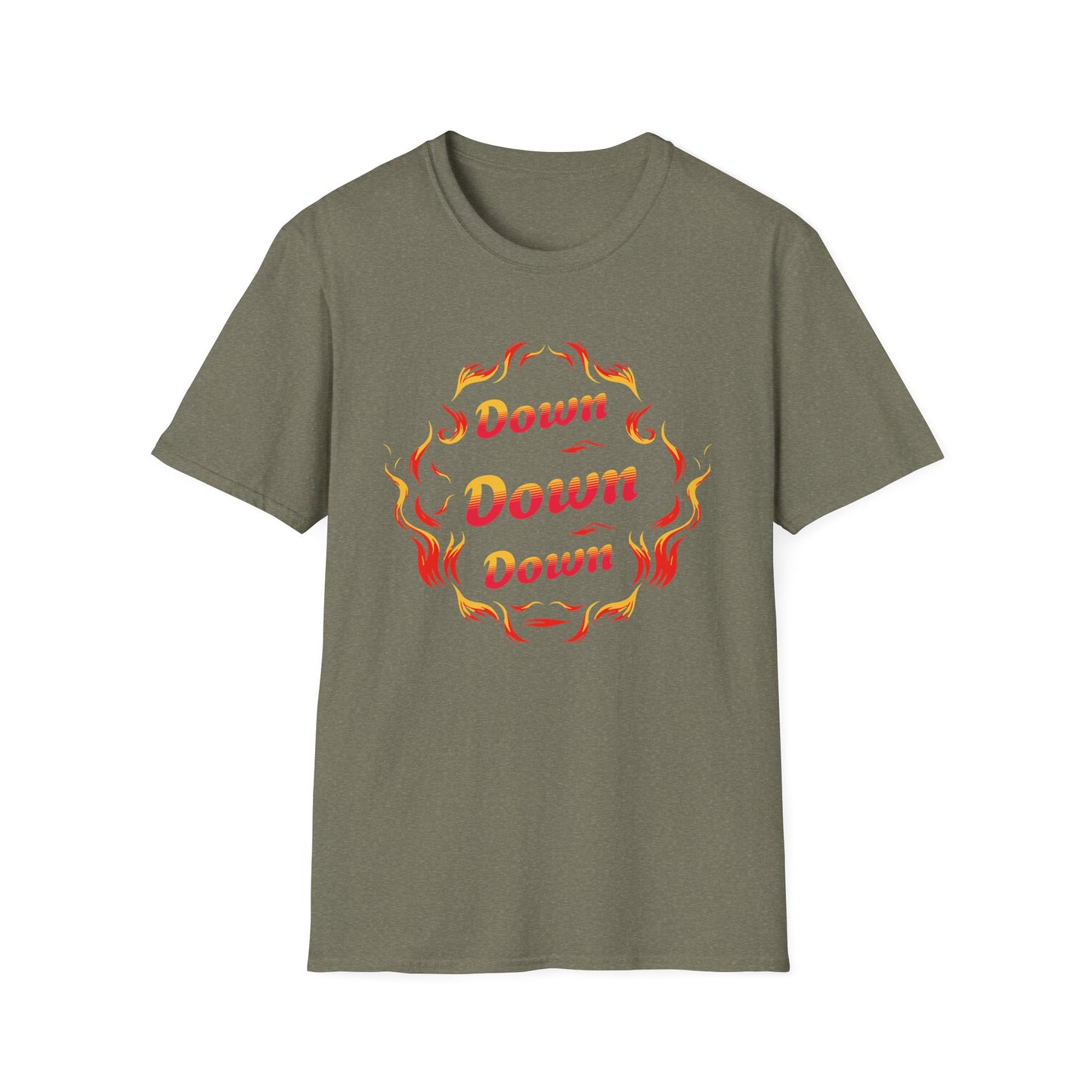 Down Flames Unisex Softstyle T-Shirt - Bold 'Down' Flame Design