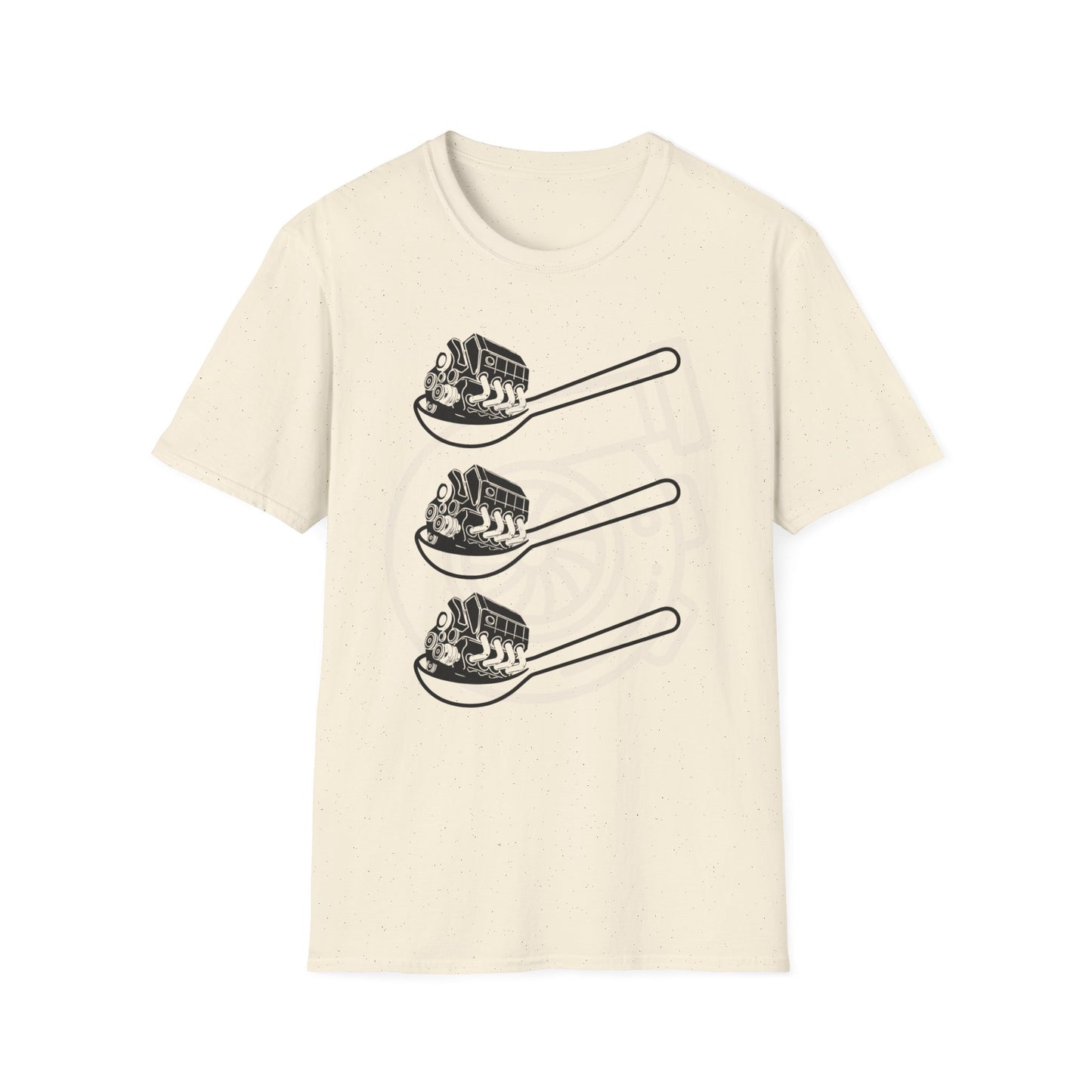 Beige t-shirt with black graphic design of three spoons each holding a car engine. Brillinatmischief.shop
