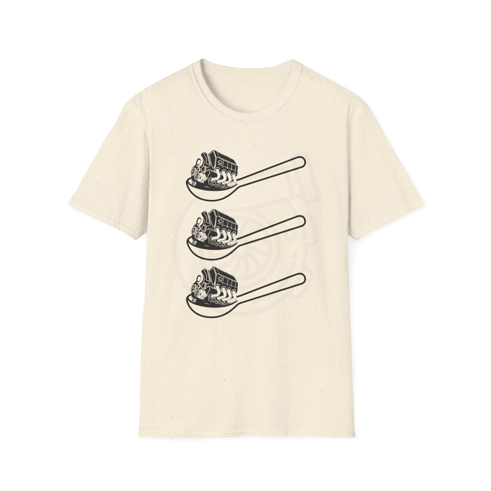 Beige t-shirt with black graphic design of three spoons each holding a car engine. Brillinatmischief.shop