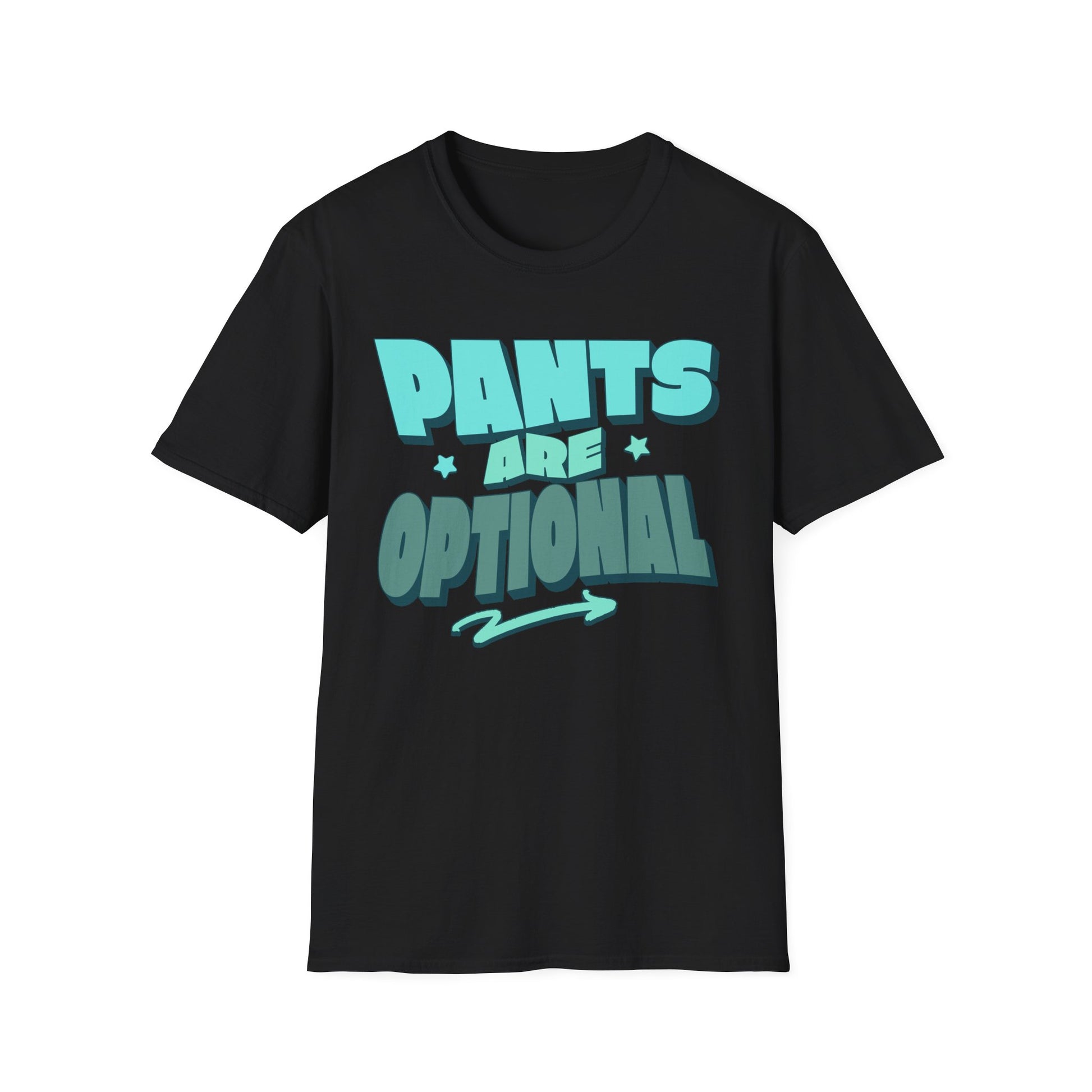 Black t-shirt with 'PANTS ARE OPTIONAL' text in teal. Brilliantmischief.shop