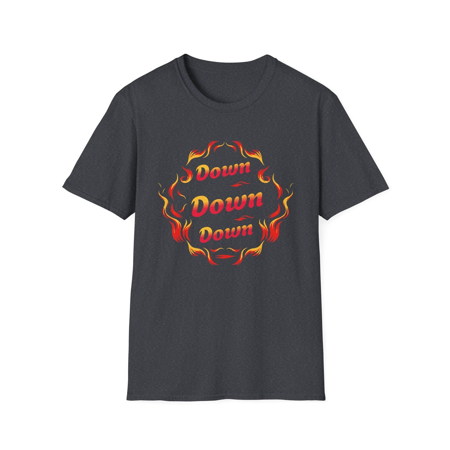 Down Flames Unisex Softstyle T-Shirt - Bold 'Down' Flame Design