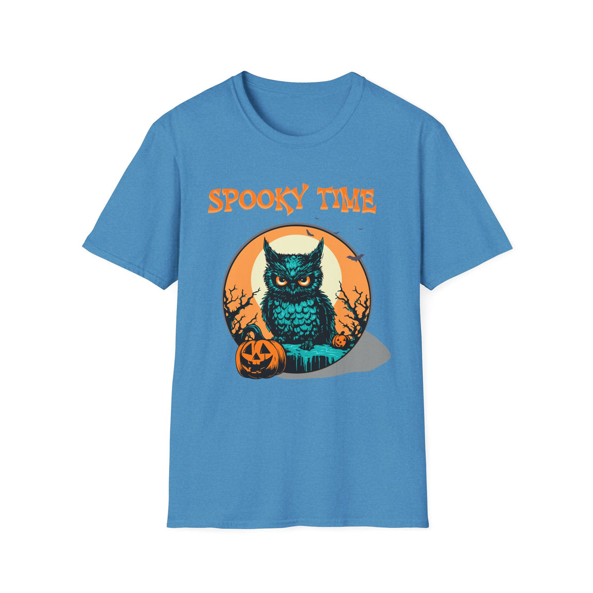Blue t-shirt with a sinister owl in front of a full moon background. Orange halloween font saying Spooky Time. Brilliantmischief.shop