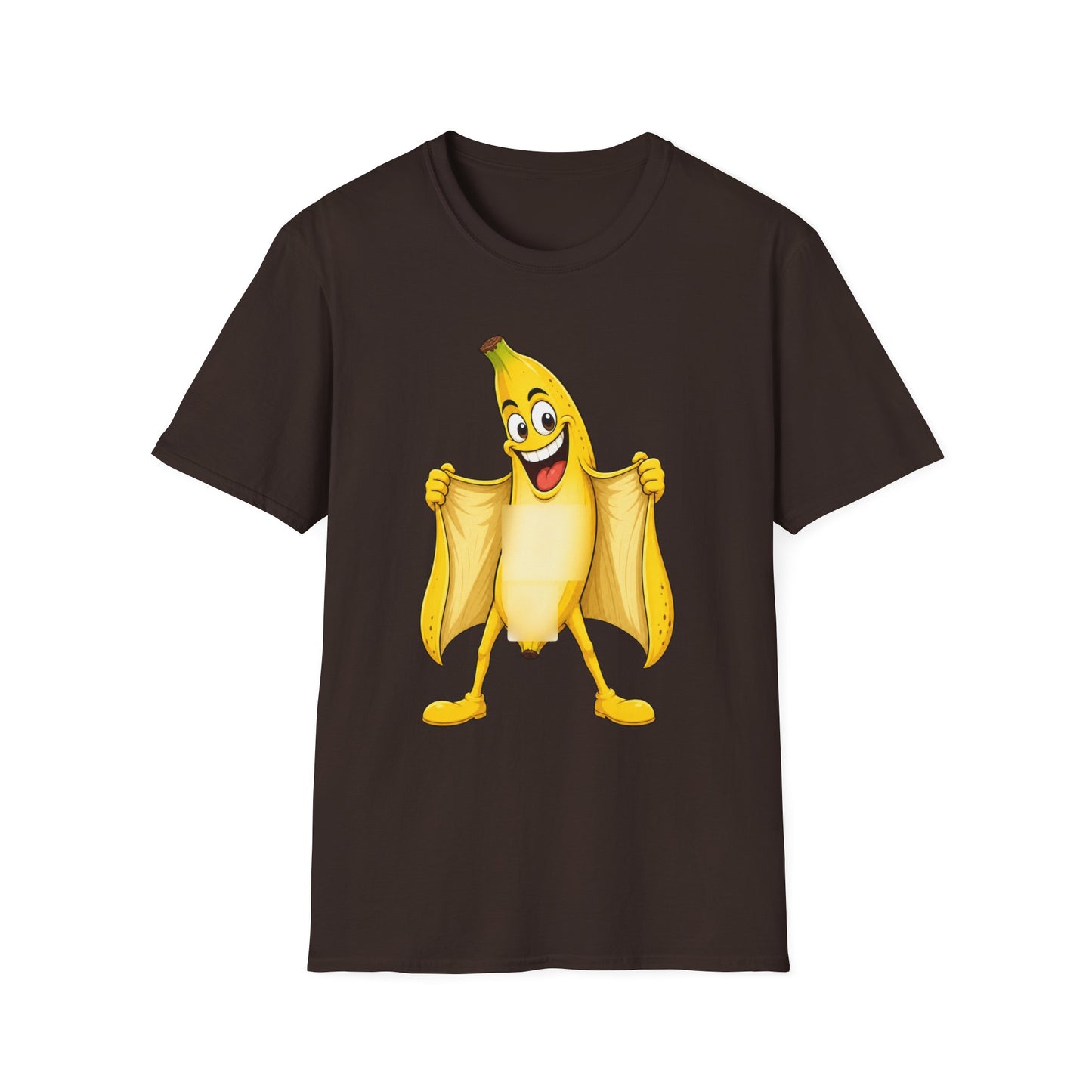 Brown T-shirt with banana graphic with a huge smile flashing everyone with the exposed part covered with blurry blocks. Brilliantmischief.shop