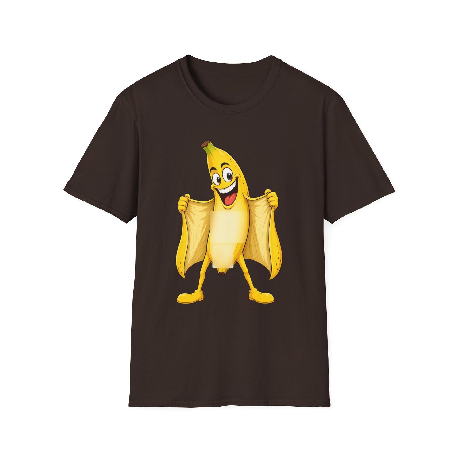 Brown T-shirt with banana graphic with a huge smile flashing everyone with the exposed part covered with blurry blocks. Brilliantmischief.shop