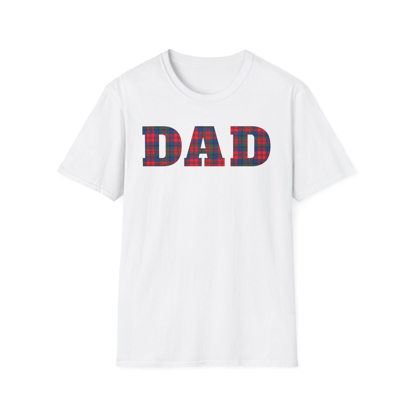 White t-shirt with 'DAD' in red blue and green plaid letters on a white background. Brilliantmischief.shop