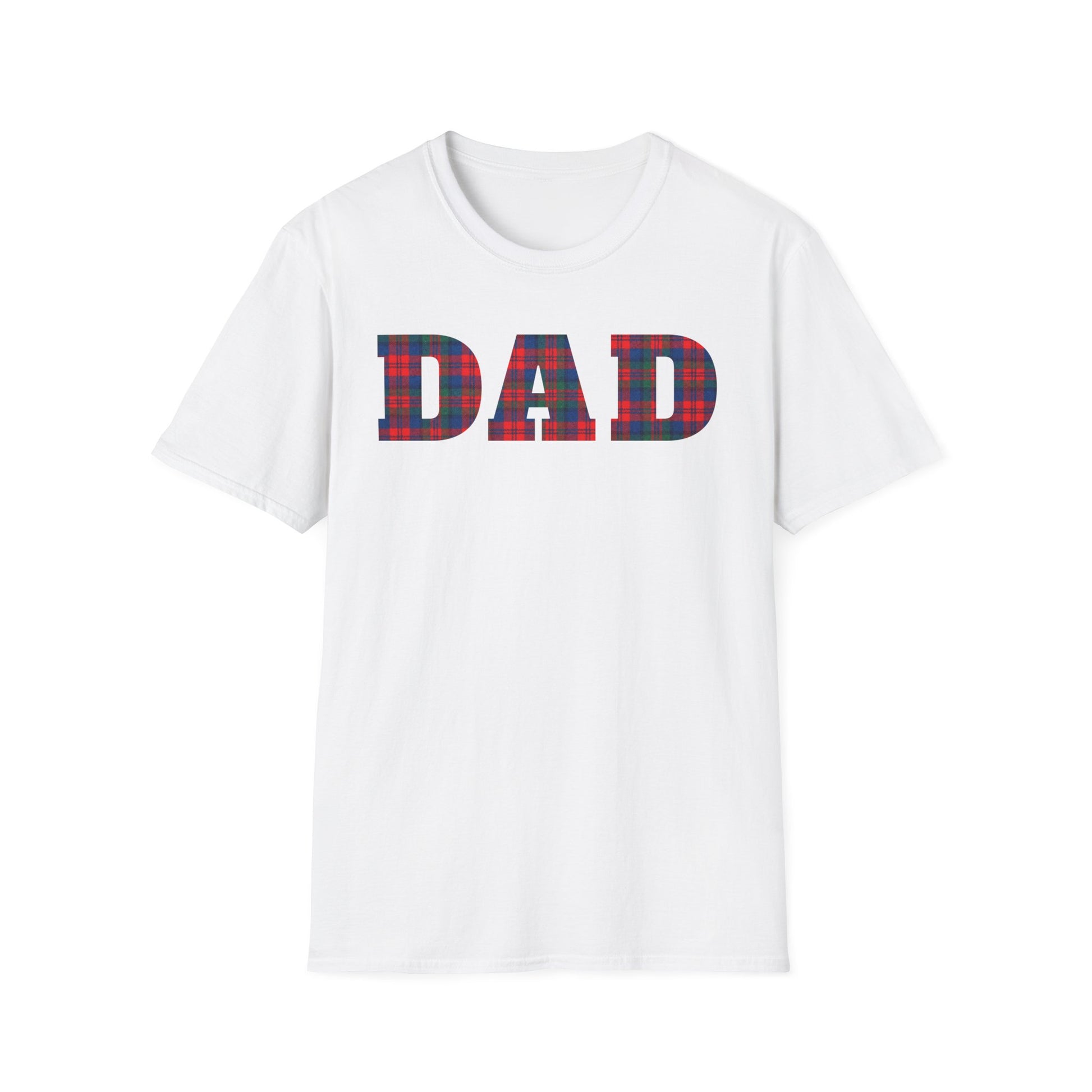 White t-shirt with 'DAD' in red blue and green plaid letters on a white background. Brilliantmischief.shop