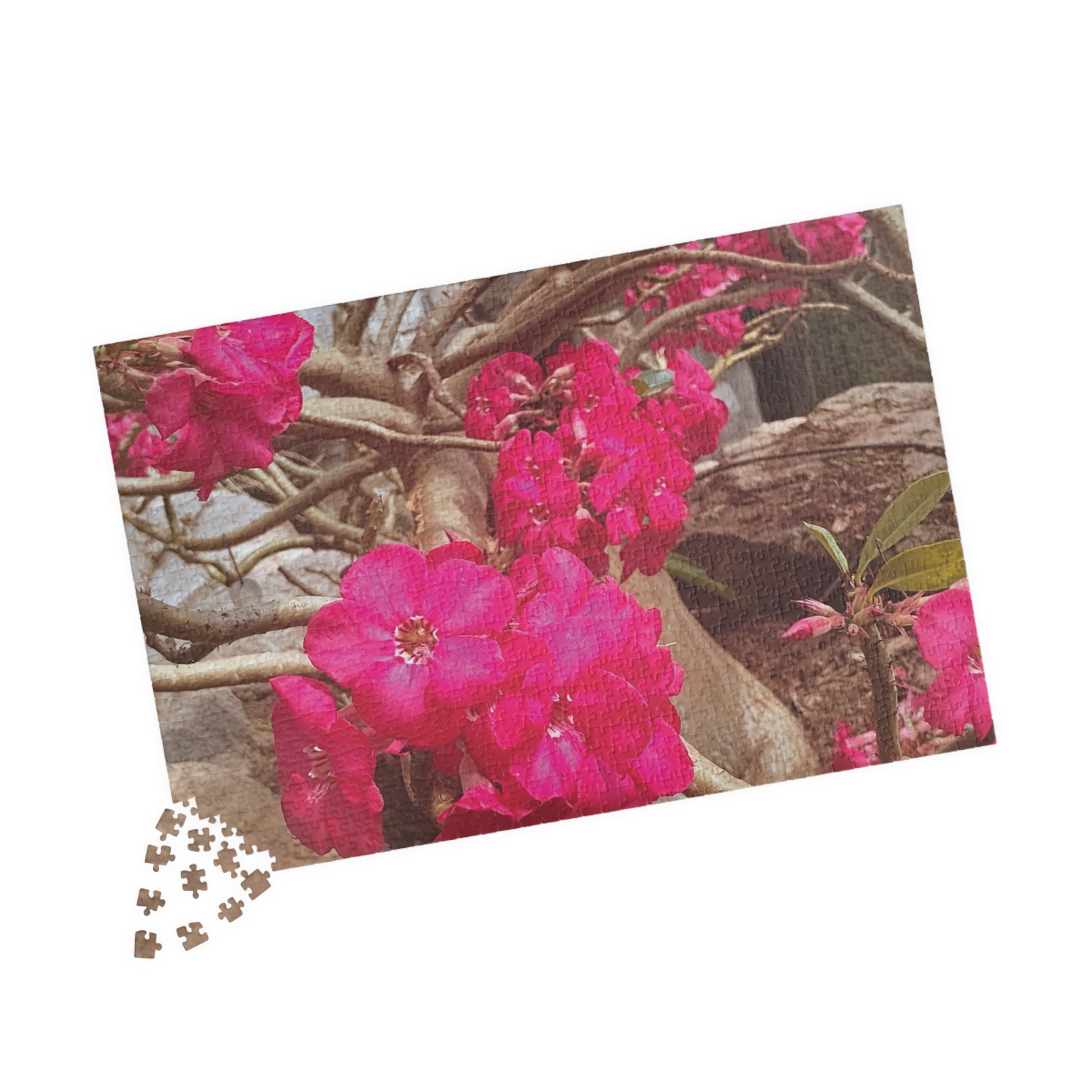 Jigsaw puzzle with pink desert rose floral design on a white background. Brilliantmischief.shop