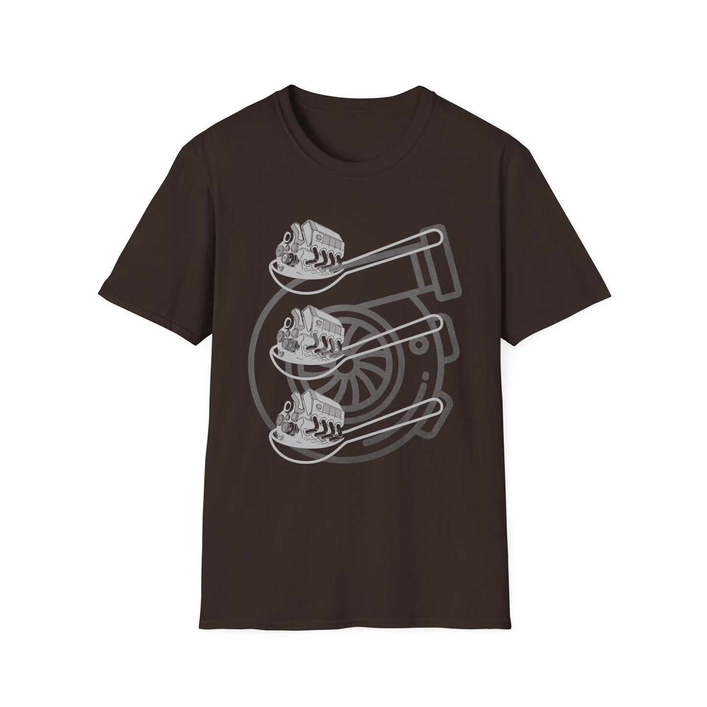 Brown t-shirt with White graphic design of three spoons each holding a car engine. Brilliantmischief.shop
