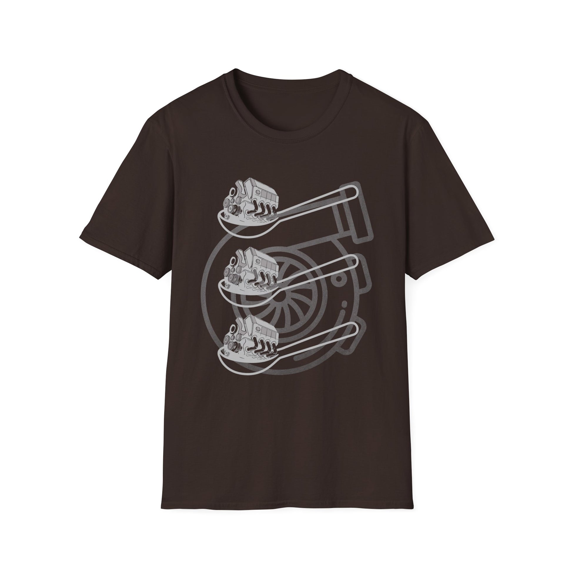 Brown t-shirt with White graphic design of three spoons each holding a car engine. Brilliantmischief.shop