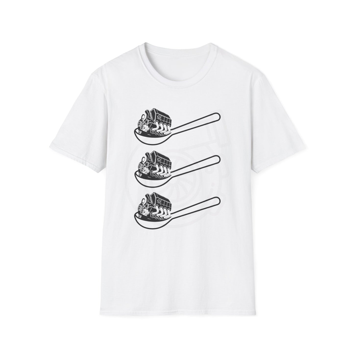 White t-shirt with black graphic design of three spoons each holding a car engine. Brillintmischief.shop