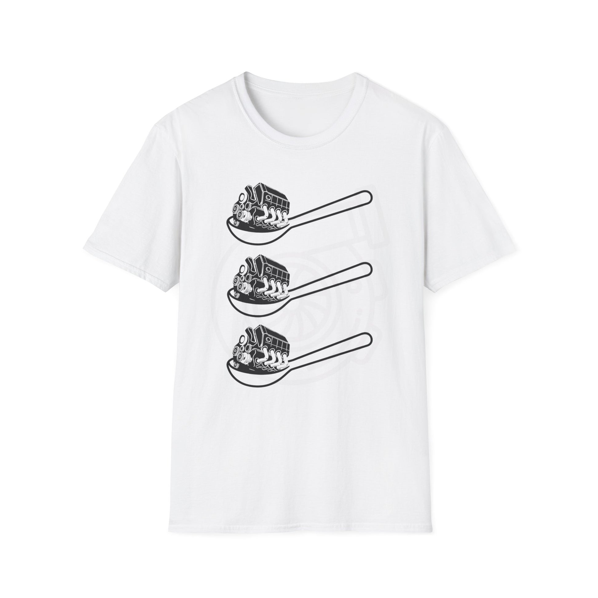 White t-shirt with black graphic design of three spoons each holding a car engine. Brillintmischief.shop