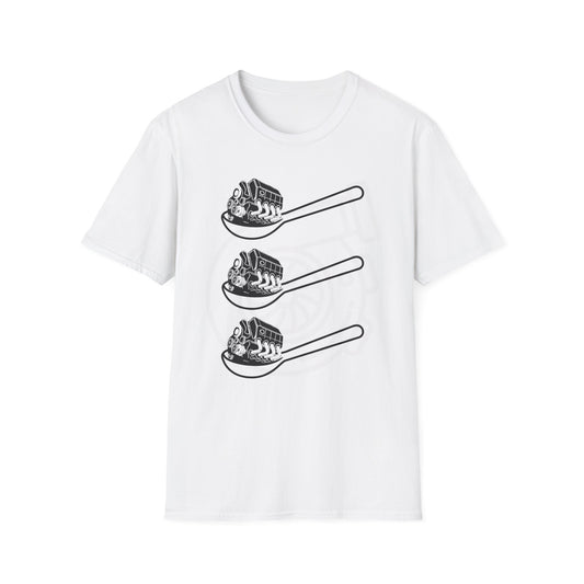 White t-shirt with black graphic design of three spoons each holding a car engine. Brillintmischief.shop