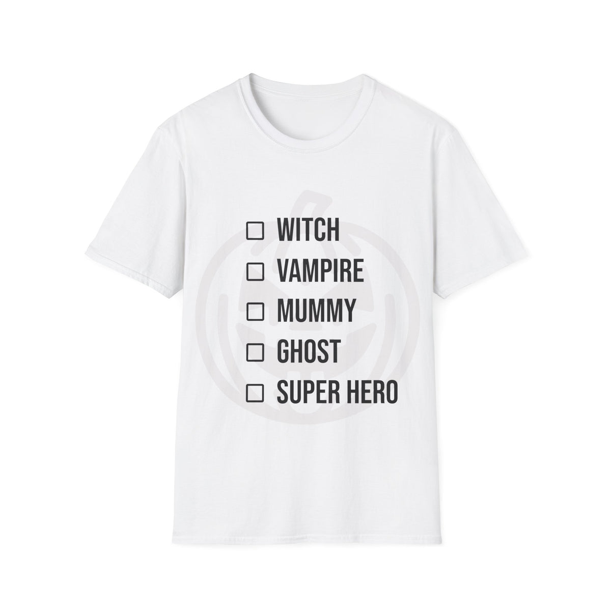 White t-shirt with a light jack-o-lantern graphic behind a checklist of the following costumes ('WITCH', 'VAMPIRE', 'MUMMY', 'GHOST', 'SUPER HERO') next to empty checkbox icons. Brilliantmischief.shop