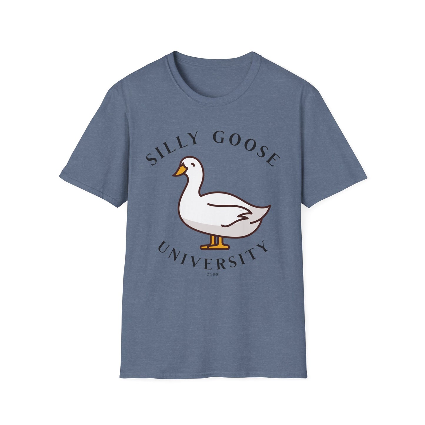 Blue t-shirt with a goose graphic and 'Silly Goose University' in black text . Brilliantmichief.shop