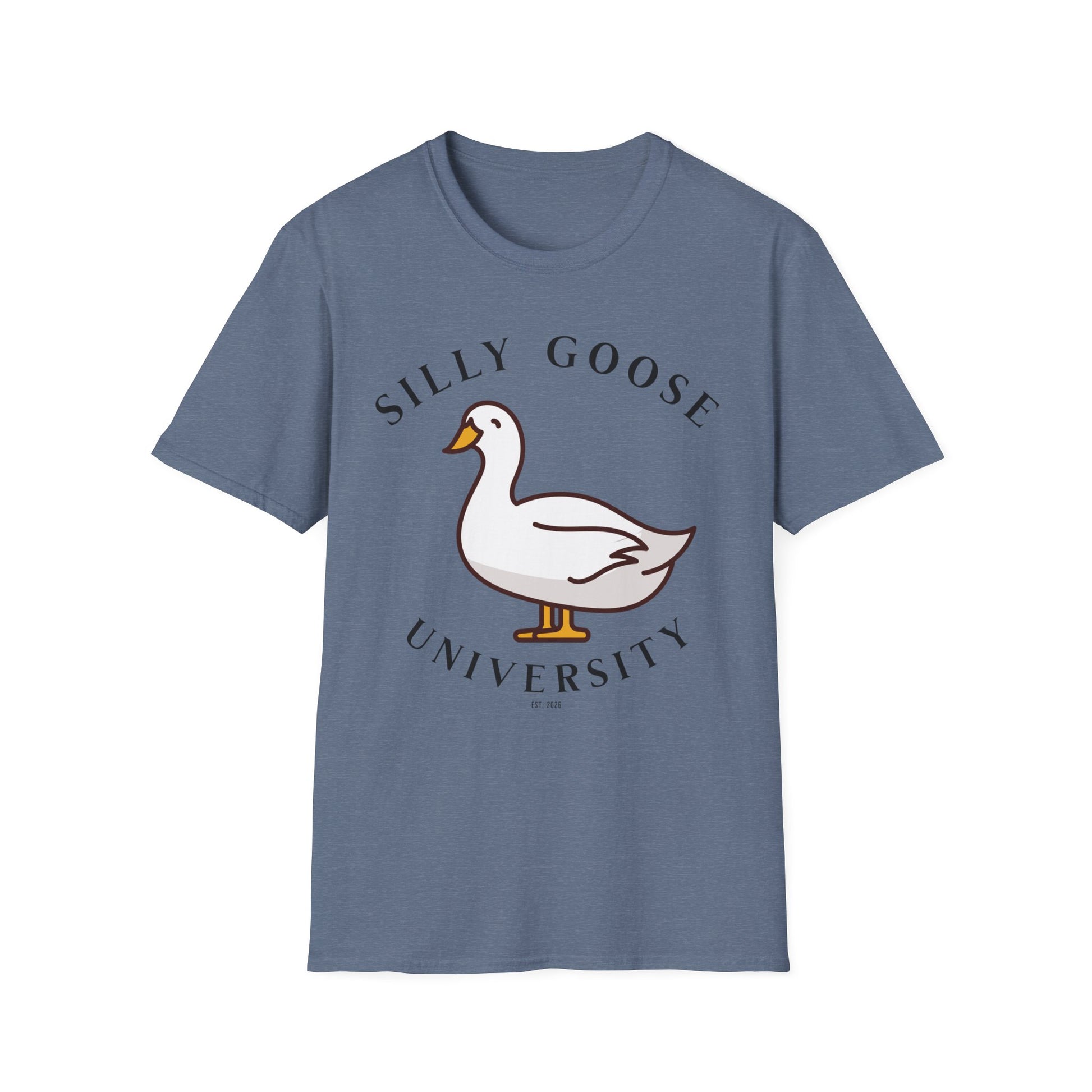 Blue t-shirt with a goose graphic and 'Silly Goose University' in black text . Brilliantmichief.shop