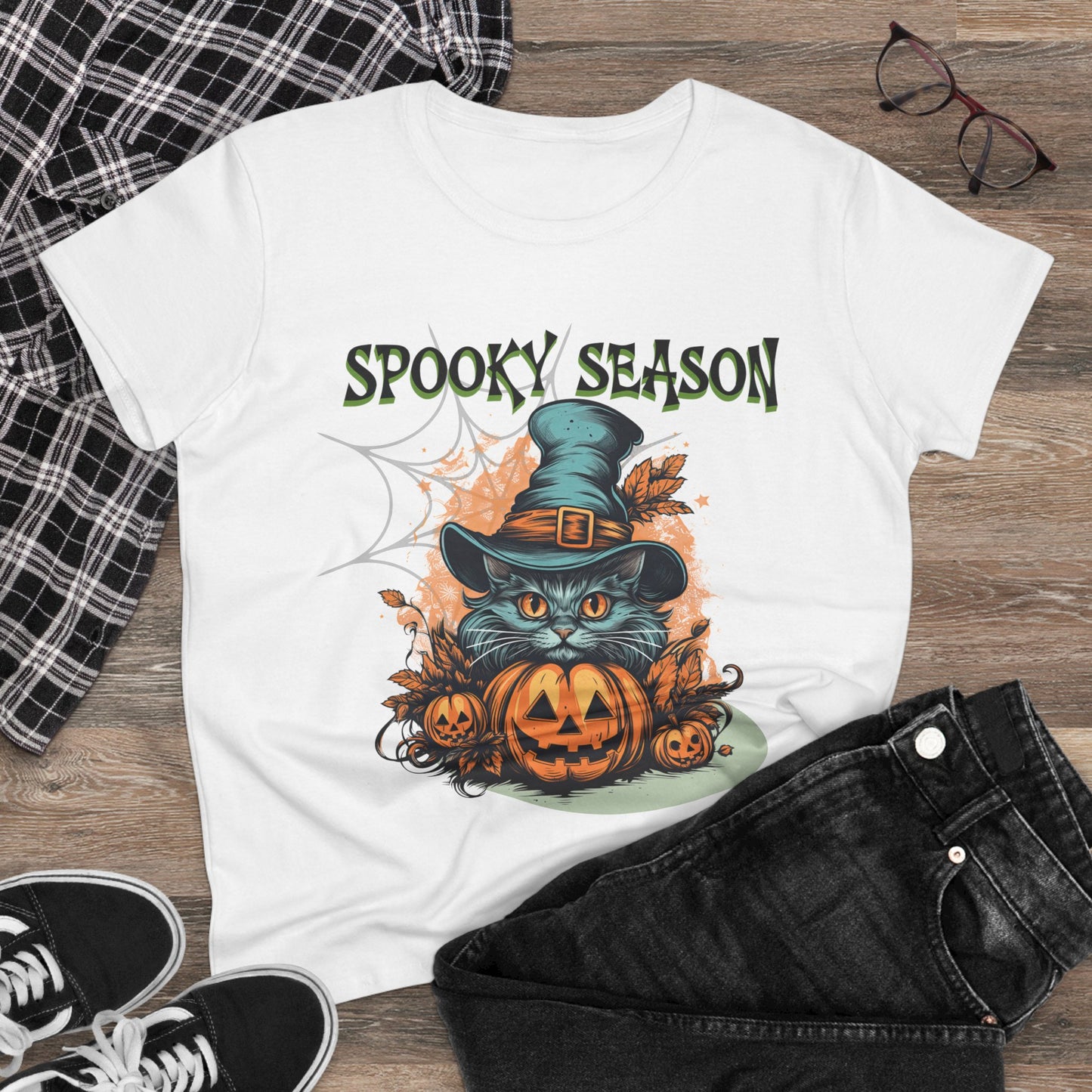 Spooky Season Women's Tee, Halloween Shirt, Cat and Pumpkin Design, Cute Graphic Tee, Fall Fashion, Gift for Her