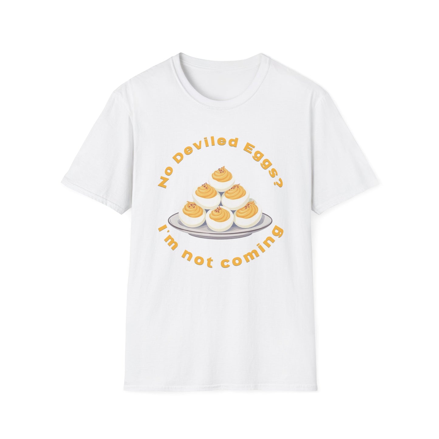 White t-shirt with yellow graphic and text 'No Deviled Eggs? I'm not coming' BrilliantMischief.shop