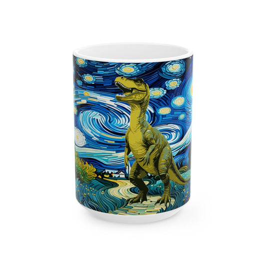 Dinosaur Starry Night Ceramic Mug, Whimsical Coffee Cup, Dino Lover Gift, Unique Kitchen Decor, Fun Artwork Mug