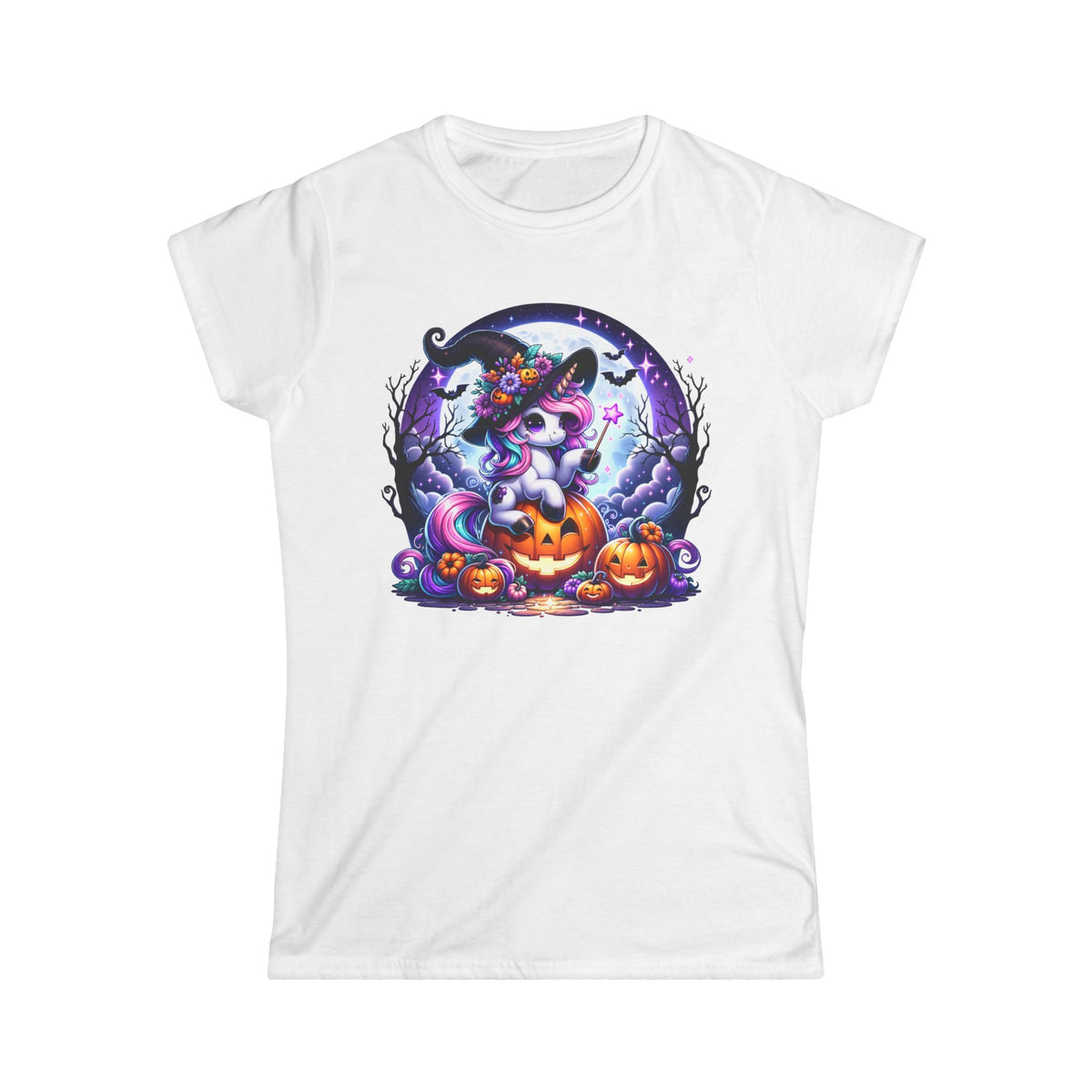 White womens t-shirt with a round Halloween graphic showing a unicorn wearing a witch hat and holding a wand sitting on a Jack-o-lantern. Brilliantmischief.shop