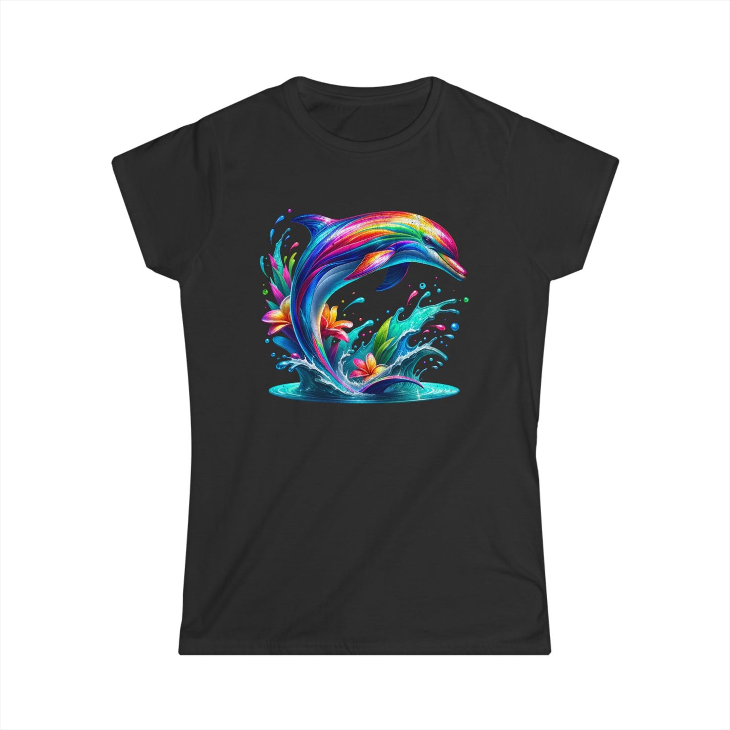 Colorful Dolphin Women's Softstyle Tee, Beachwear, Gift for Sea Lovers, Summer Vibes, Ocean-Themed Fashion
