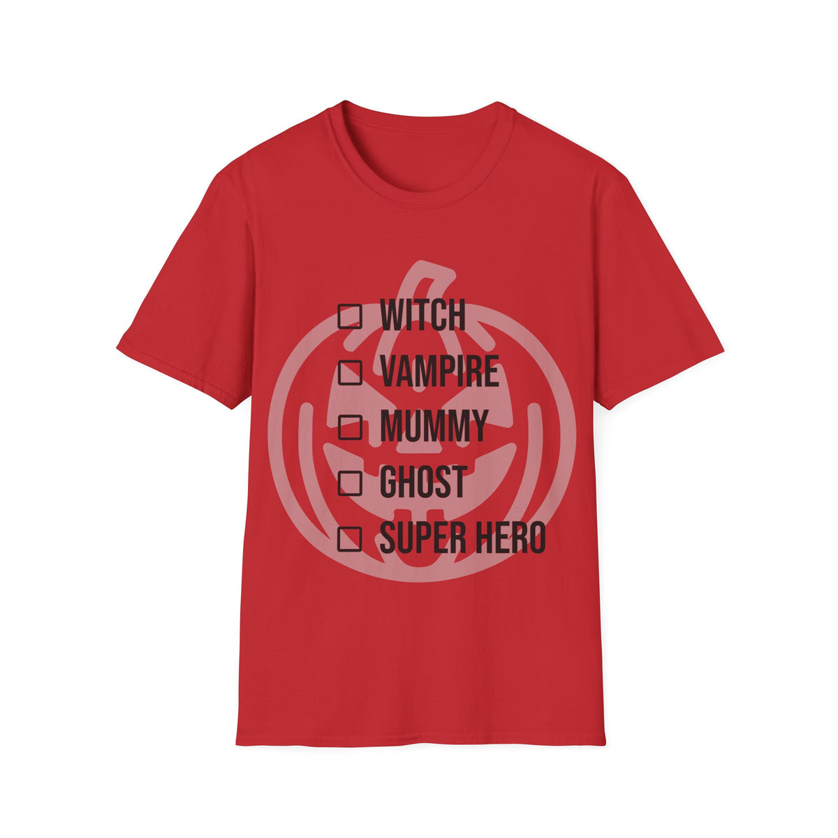Red t-shirt with a light jack-o-lantern graphic behind a checklist of the following costumes ('WITCH', 'VAMPIRE', 'MUMMY', 'GHOST', 'SUPER HERO') next to empty checkbox icons. Brilliantmischief.shop