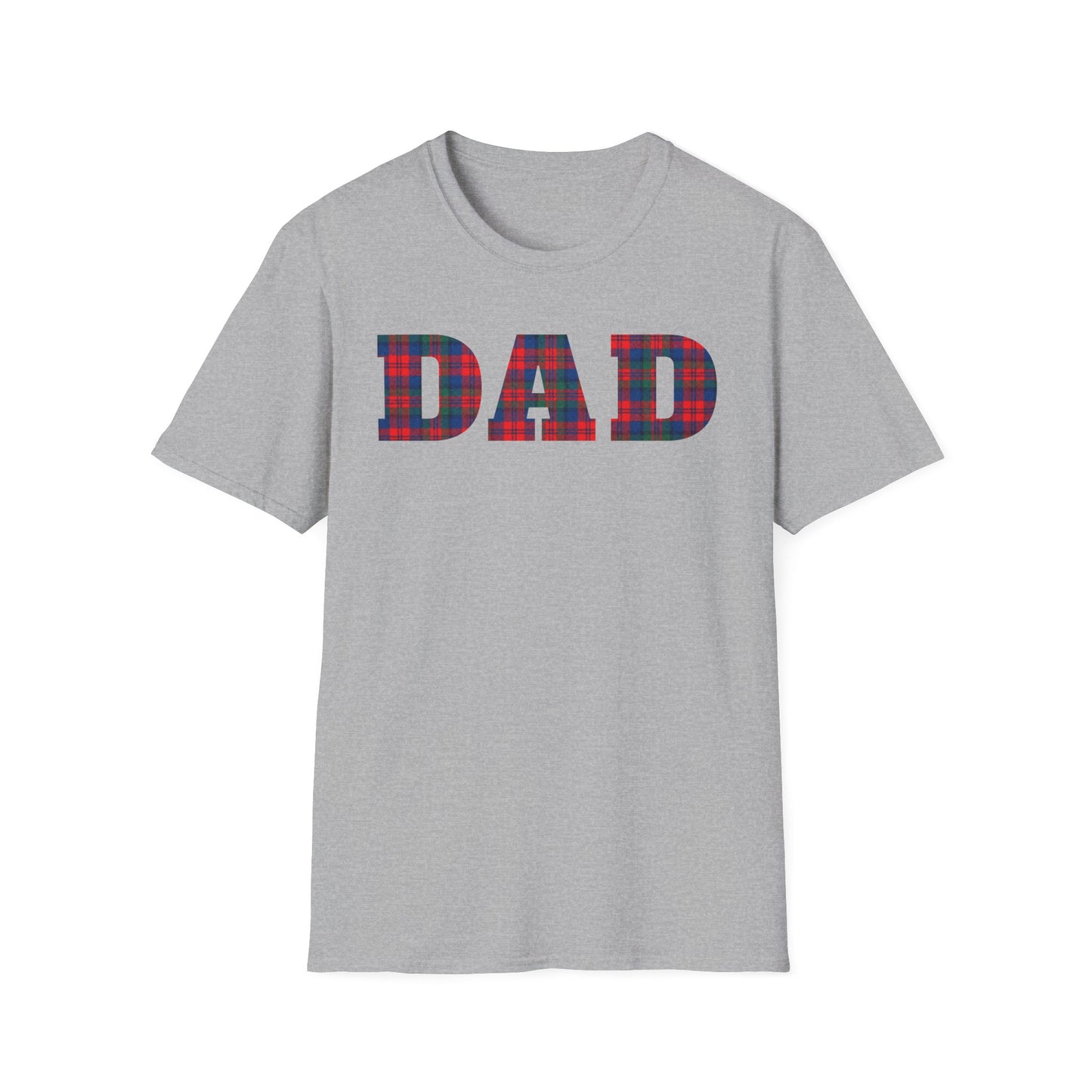 Gray t-shirt with 'DAD' in red blue and green plaid letters on a white background. Brilliantmischief.shop