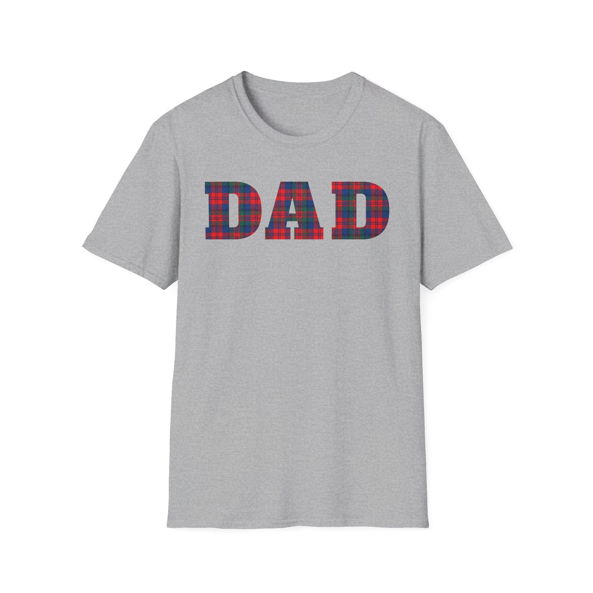 Gray t-shirt with 'DAD' in red blue and green plaid letters on a white background. Brilliantmischief.shop